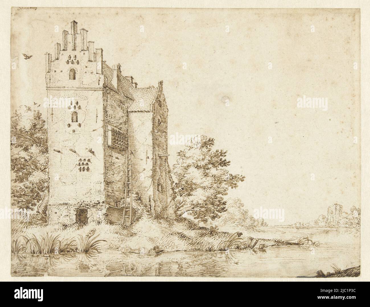 Château sur les rives d'une rivière, dessinateur: Hendrick Hondius (I), (attribué à), Hendrik Sonnus, (attribué à), 1583 - 1650, papier, stylo, h 149 mm × l 193 mm Banque D'Images