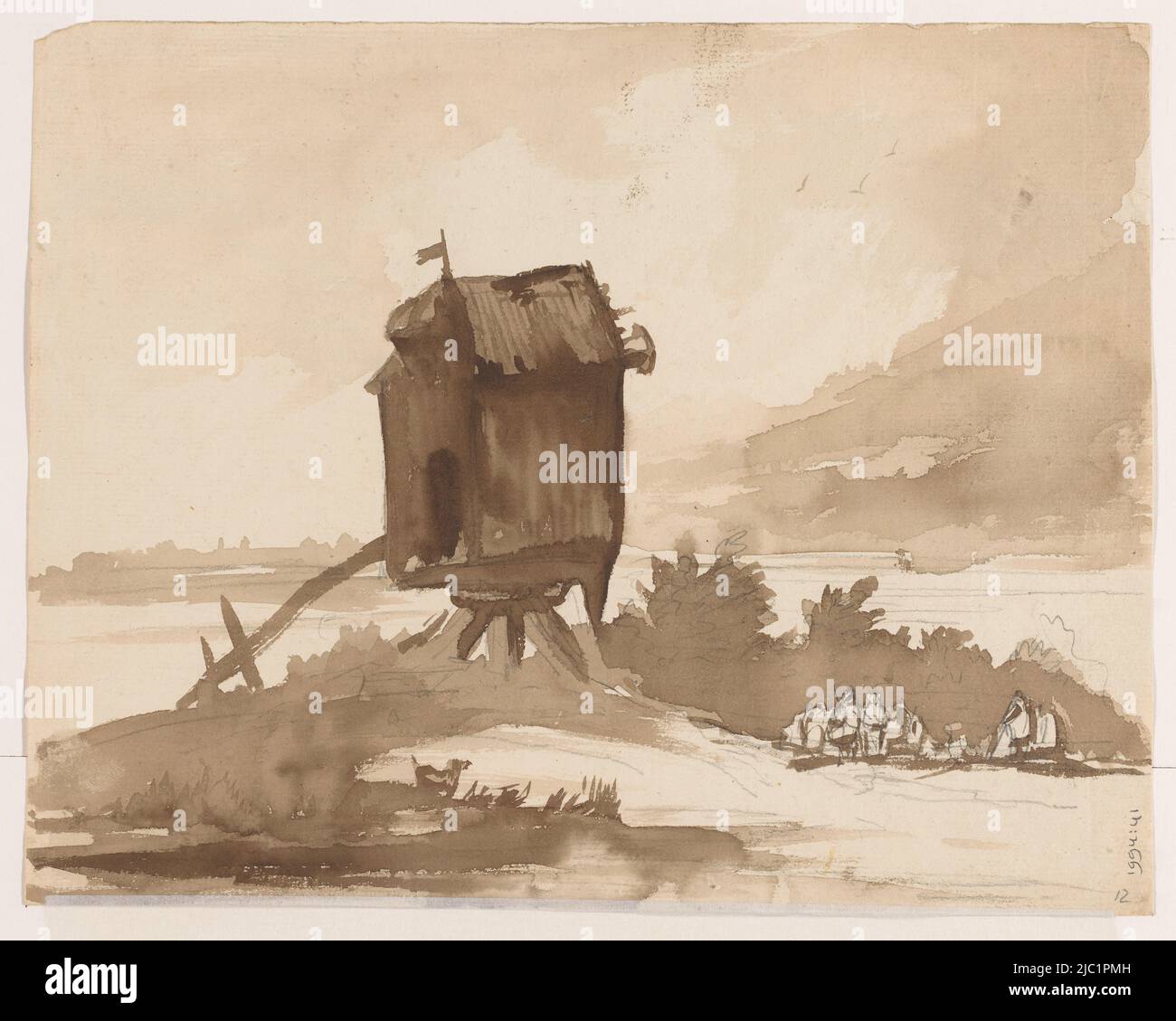 Paysage avec un moulin à vent sans voiles sur l'eau, à droite un groupe de figures sur le sol, au premier plan un chien, Moulin sans voiles sur l'eau., dessinateur: Johannes Tavenraat, pays-Bas, 1819 - 1881, papier, brosse, h 222 mm × l 280 mm Banque D'Images