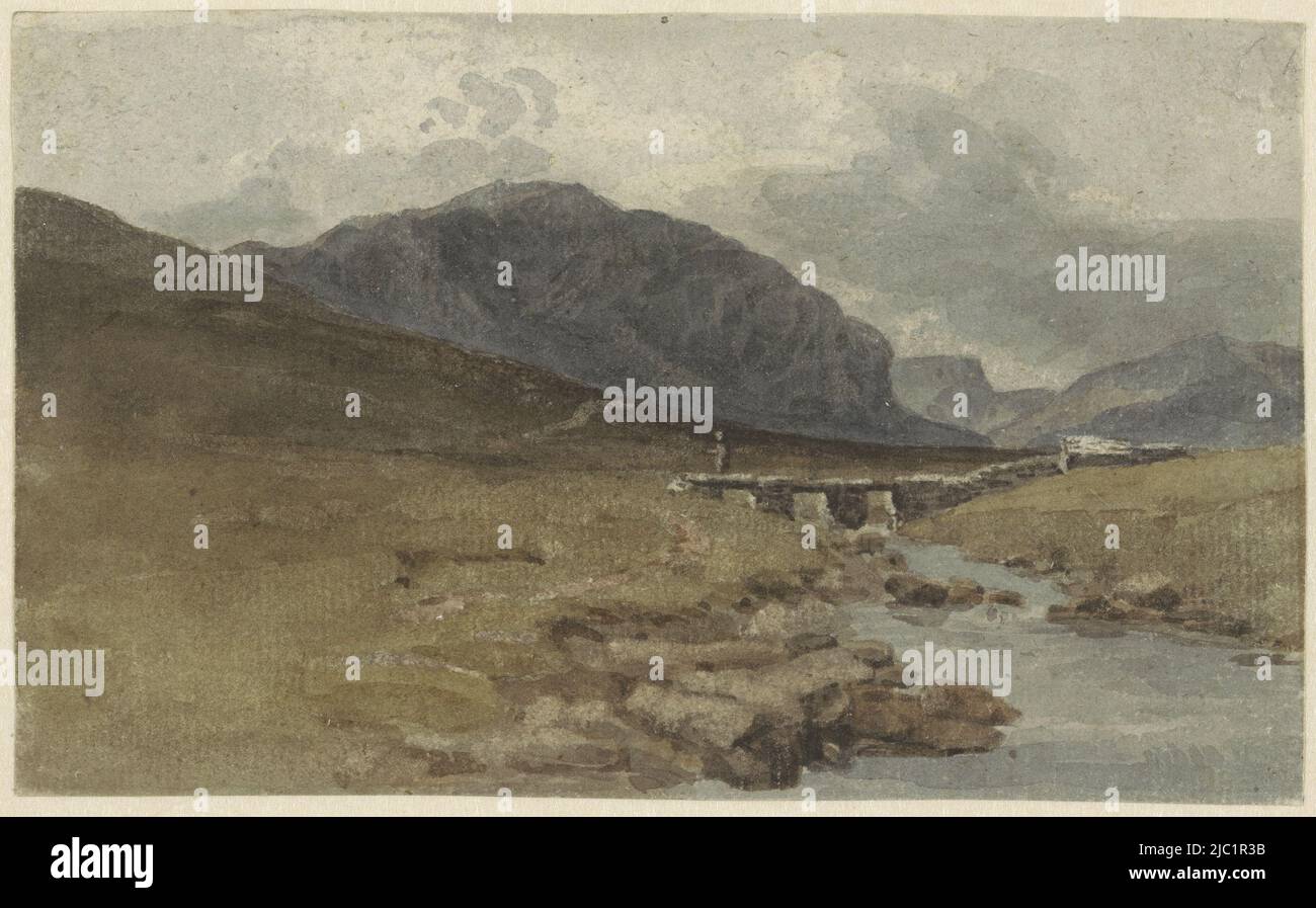 Paysage près de Llyn Ogwen, Caernarvonshire (pays de Galles), dessinateur: Joshua Cristall, Caernarvonshire, (éventuellement), 1778 - 1847, papier, brosse, h 115 mm × l 190 mm Banque D'Images
