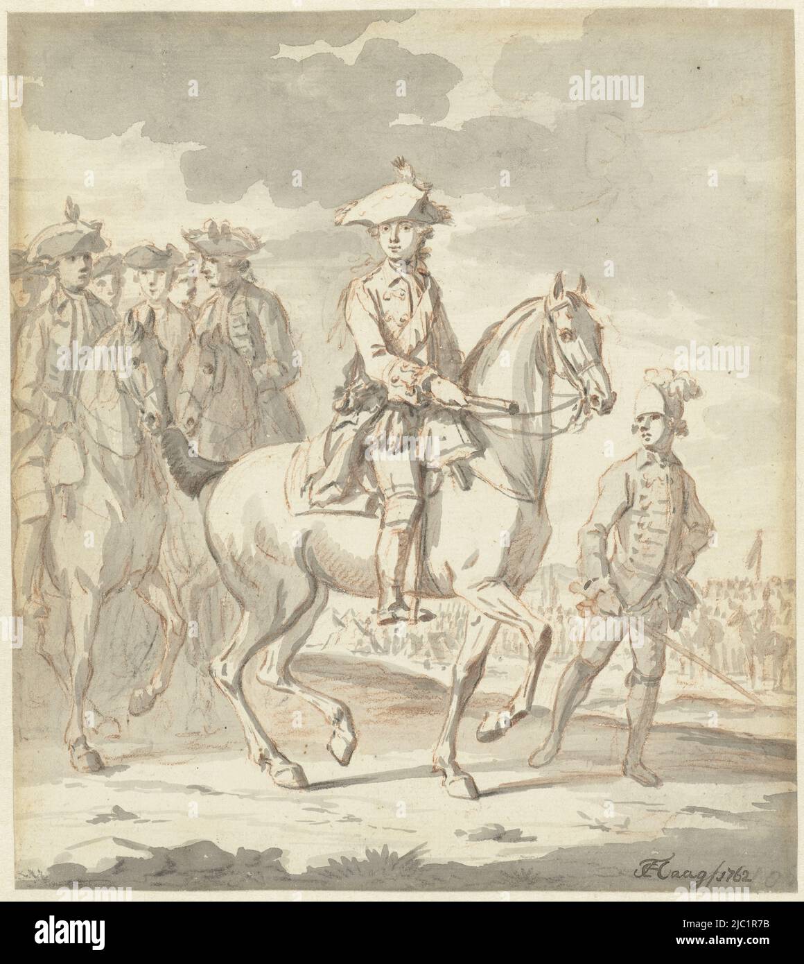 Le jeune prince William V à cheval, avec conséquence, dessinateur: Tethart Philip Christian Haag, (mentionné sur l'objet), 1762, papier, pinceau, h 207 mm × l 184 mm Banque D'Images