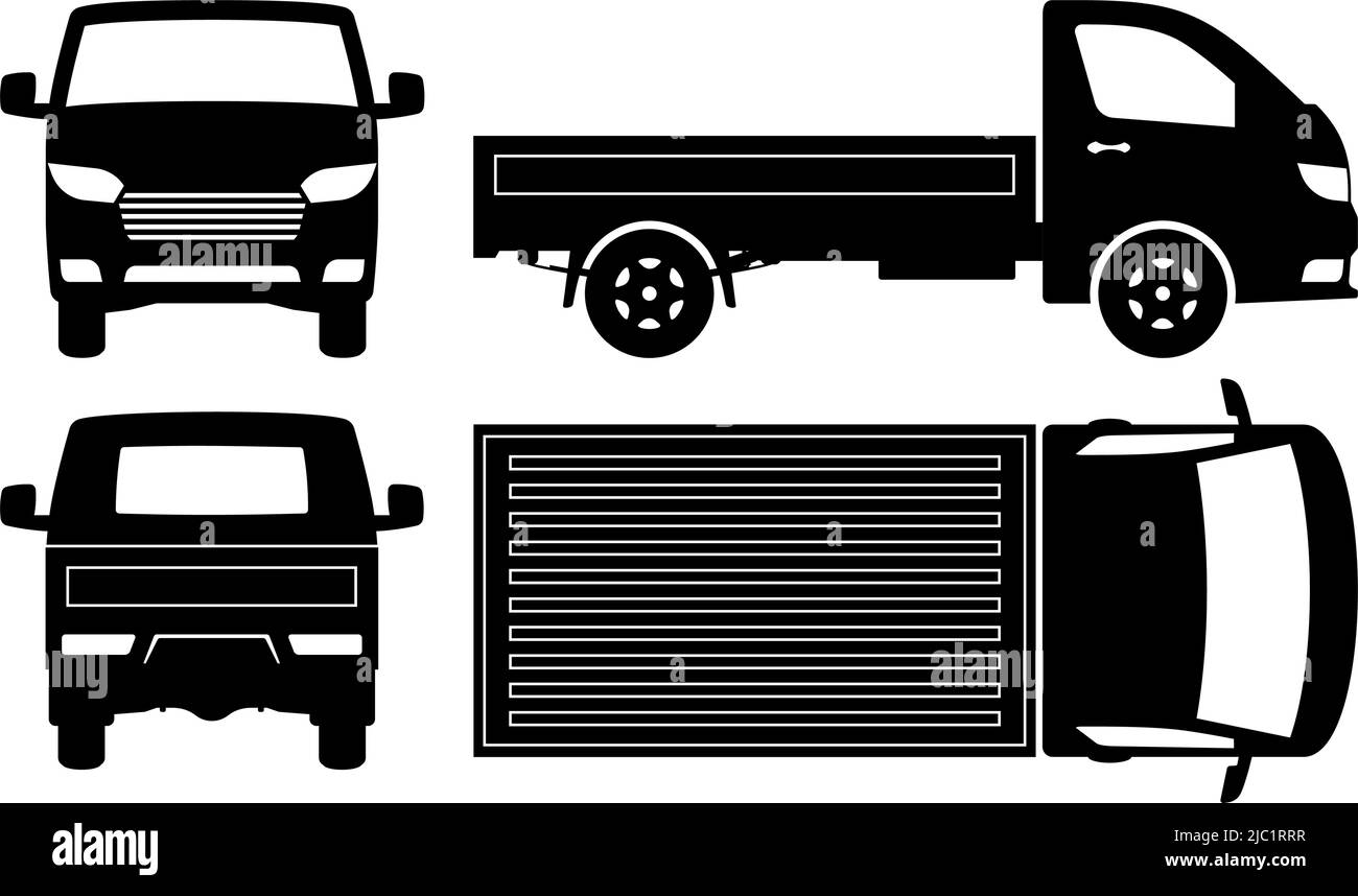 Silhouette de petit camion sur fond blanc. Les icônes de véhicule définissent la vue latérale, avant, arrière et supérieure Illustration de Vecteur