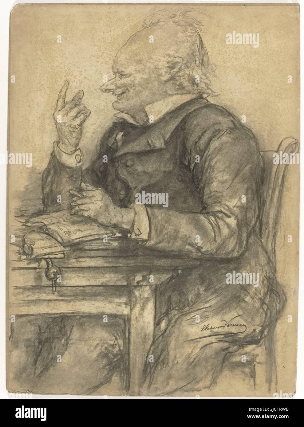 Portrait caricatural de Johannes Henricus Hingman (1843-1897), commies-Chartermaster State Archives, orating derrière une table avec des pièces anciennes, portrait caricatural de Johannes Henricus Hingman., dessinateur: Elchanon Verveer, (mentionné sur l'objet), 1860 - 1897, papier, h 677 mm × l 500 mm Banque D'Images