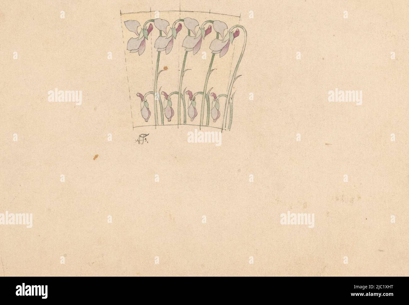Au-dessus de lui un médaillon rond avec un monogramme miroir des lettres PP., cinq segments d'un bouton peint avec des violettes, dessinateur: Anatole-Alexis Fournier, (signé par l'artiste), Sèvres, c. 1897, papier, stylo, h 174 mm × l 283 mm Banque D'Images