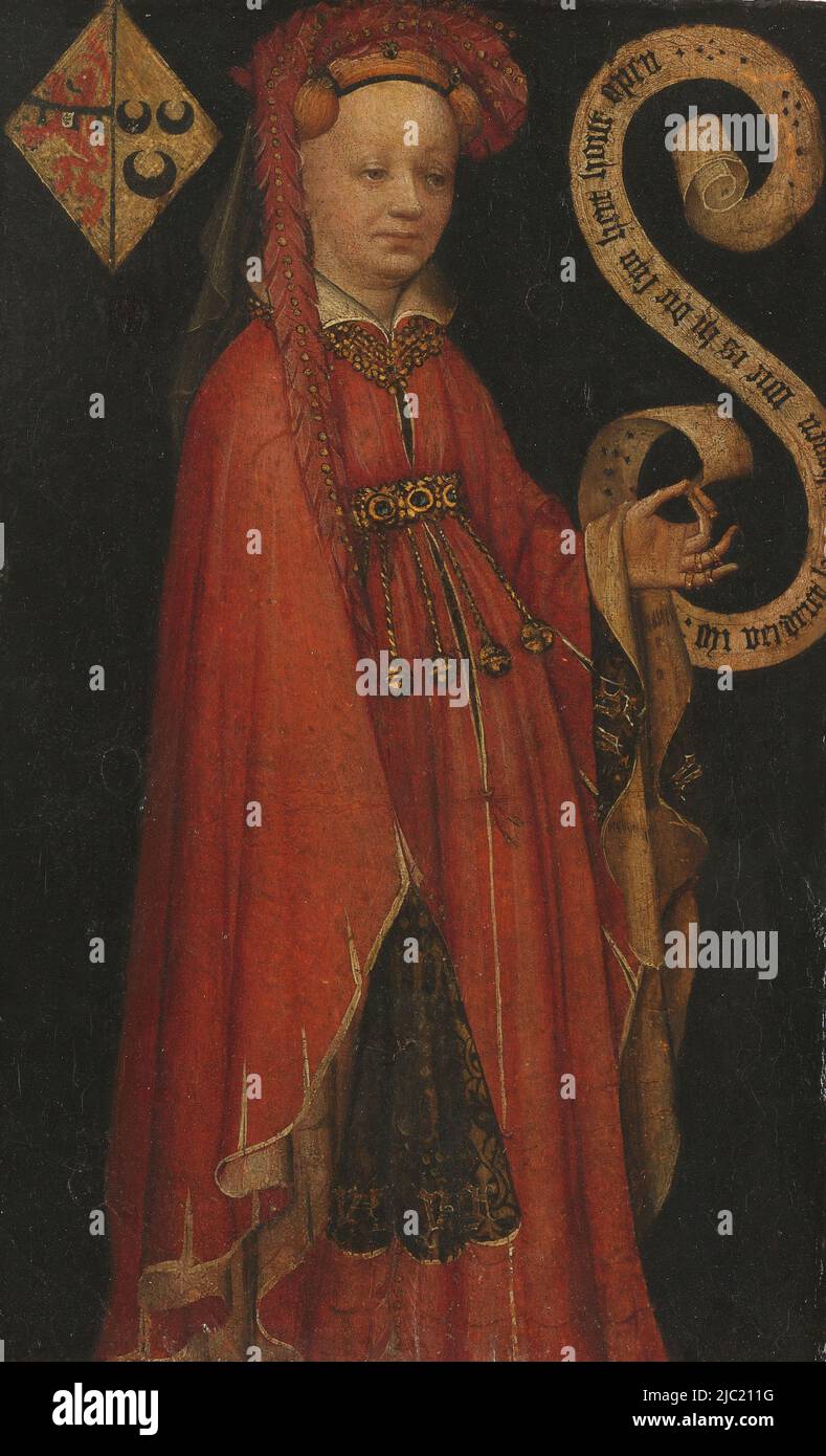 Portrait de Lysbeth par Duvenvoorde (Gest. 1472). Debout, jusqu'aux chevilles, à droite. Dans la main gauche un bandérole avec inscription. Au-dessus de gauche le blason. Partie d'un diptyque, l'emplacement de l'aile droite avec le portrait de son mari (en 1430) Symon van Adrichem, Portrait de Lysbeth par Duvenvoorde Portrait de Lysbeth par Duvenvoirde (?-1472) est inconnu., peintre: Anonyme, Cologne, (peut-être), c. 1430, drager, :, peinture, support : h 32 cm × l 20 cm, h 42 cm × l 29,3 cm × t 5,9 cm Banque D'Images Portrait de Lysbeth par Duvenvoorde (Gest. 1472). Debout, jusqu'aux chevilles, à droite. Dans la main gauche un bandérole avec inscription. Au-dessus de gauche le blason. Partie d'un diptyque, l'emplacement de l'aile droite avec le portrait de son mari (en 1430) Symon van Adrichem, Portrait de Lysbeth par Duvenvoorde Portrait de Lysbeth par Duvenvoirde (?-1472) est inconnu., peintre: Anonyme, Cologne, (peut-être), c. 1430, drager, :, peinture, support : h 32 cm × l 20 cm, h 42 cm × l 29,3 cm × t 5,9 cm Banque D'Images