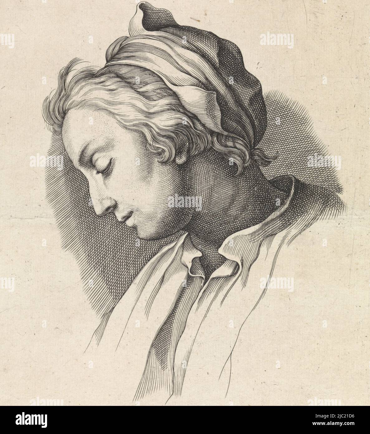 Buste d'une jeune femme, en profil, avec des yeux en dégonflement. Numéro en bas à droite: XVII., Chef d'une jeune femme, imprimeur: Hendrik Winter, (mentionné sur l'objet), Frederick Bloemaert, dessinateur intermédiaire: Abraham Bloemaert, 1630 - 1677, papier, gravure, h 217 mm × l 175 mm Banque D'Images