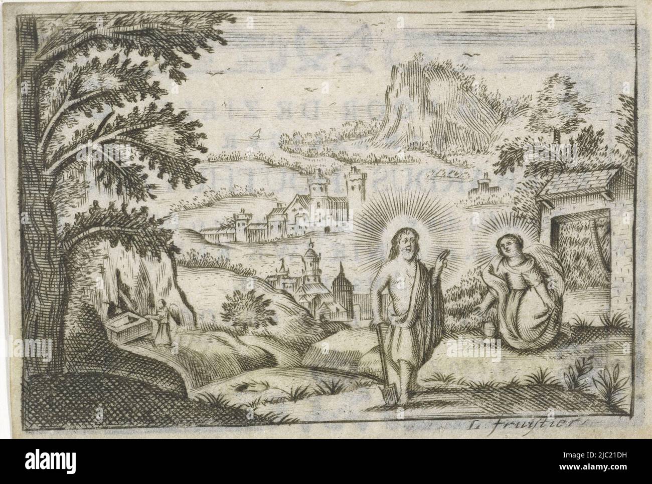 Paysage avec le Christ et Marie-Madeleine. Christ fait un geste de bénédiction à Magdalene qui est en position de genoux devant lui. En arrière-plan un ange. Verso une carte de prière pour Everardus Houthuyzen d'Amsterdam, mort en 1790, Christ apparaît à Marie Magdalene, imprimeur: Lodewijk Joseph Fruytiers, (mentionné sur l'objet), 1723 - 1782, parchemin (matériel animal), gravure, h 64 mm × l 93 mm Banque D'Images