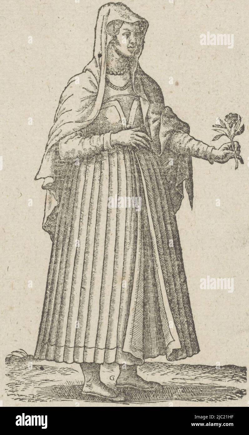 Femme de Perotte tenant un voile et une fleur dans sa main gauche. Dans la marge inférieure, une ligne de texte néerlandais et une ligne de texte français, femme de Perotte Noble Dame de Perotte (titre sur objet), imprimerie: Antoni van Leest, Pieter van der Borcht (I), éditeur: Willem Silvius, Anvers, 1576, papier, impression typographique, h 160 mm - l 92 mm Banque D'Images