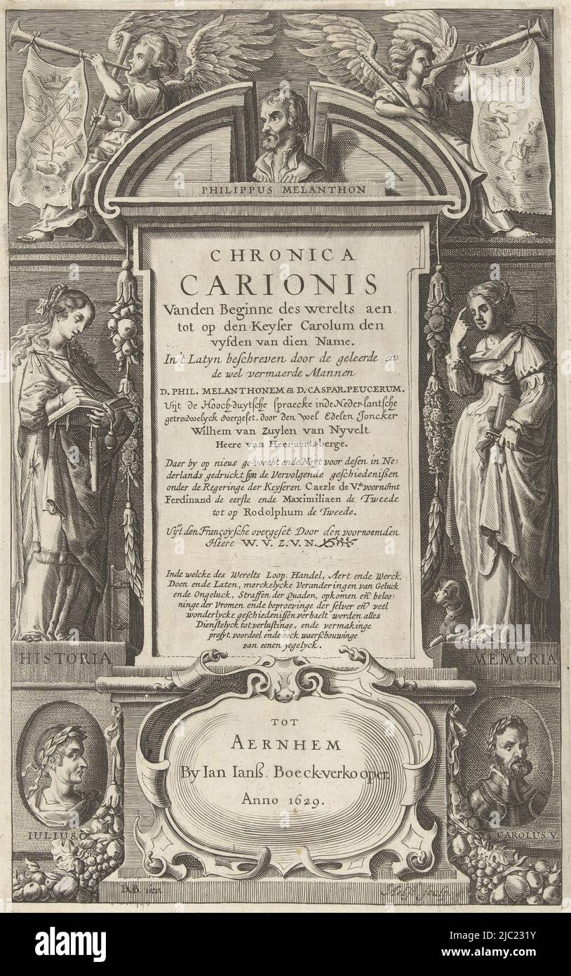 Une plaque dans un cadre architectural indique le titre du livre. Sur la plaque se trouve un buste de P. Melanchthon. De chaque côté se trouvent les figures allégoriques Historia et Memoria sur les tourteaux de pierre. Sur les tourteaux se trouvent des médaillons avec des portraits de Jules César et de l'empereur Charles V., page de titre de P. Melanchthon Chronica Carionis vanden beginne des werelts aen tot op den Keyser Carolum (titre sur objet), imprimerie: Isaeck van Aelst, (mentionné sur objet), David Vinckboons (I), éditeur sur objet mentionné: Jan Jansz, (Mentionné sur l'objet), Arnhem, 1629, papier, gravure, h 293 mm Banque D'Images