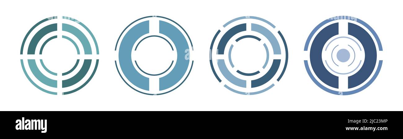 Ensemble de cercles coupés et anneaux icônes diagrammes, buts croisés. Nuances de vert et de bleu sur fond blanc, illustration simple de vecteur de conception plate. Illustration de Vecteur