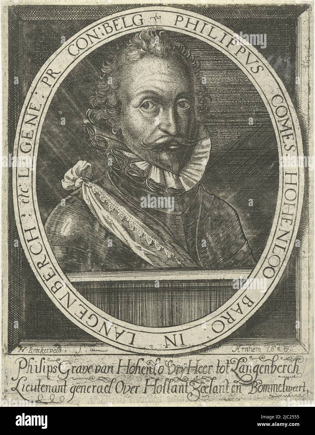 Buste du capitaine de l'armée néerlandaise en armure avec col blanc. En dessous du portrait, son nom et ses titres. Page d'un livre, imprimé sur le verso, Portrait de Philippe Comte de Hohenlohe zu Langenburg, Imprimeur: Herman Breckerveld, (mentionné sur l'objet), anonyme, Arnhem, 1626, papier, gravure, impression typographique, h 155 mm × l 122 mm Banque D'Images