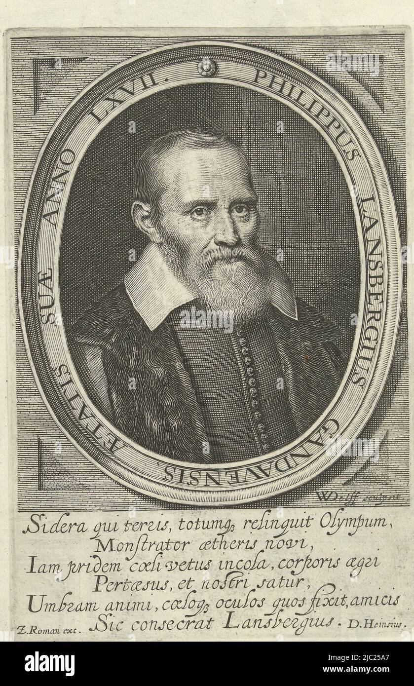 Buste de l'astronome Johan Philip Lansberge qui a publié sous le nom de Philippus Lansbergius, dans un ovale avec des caractères de bord. En dessous du portrait un verset latin par Daniel Heinsius, Portrait de Johan Philip Lansberge à l'âge de 67 ans, imprimeur: Willem Jacobsz. Delff, (mentionné sur l'objet), anonyme, éditeur: Zacharias Roman, (mentionné sur l'objet), Middelburg, 1663, papier, gravure, h 192 mm × l 127 mm Banque D'Images