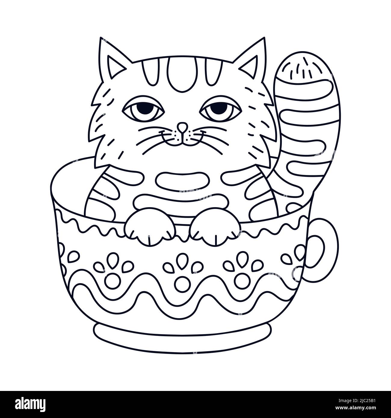 Joli chat de dessin animé dans une tasse. Illustration vectorielle noir et blanc. Illustration de Vecteur