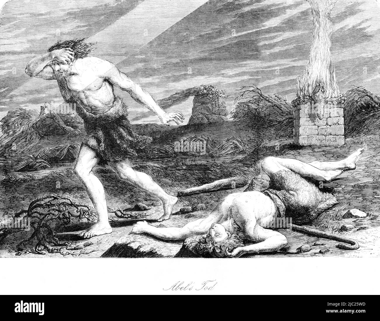 La mort d'Abel, la Bible, l'ancien Testament, le Premier Livre de Moïse, la Genèse, le Chapitre, le verset, l'illustration historique 1850 Banque D'Images