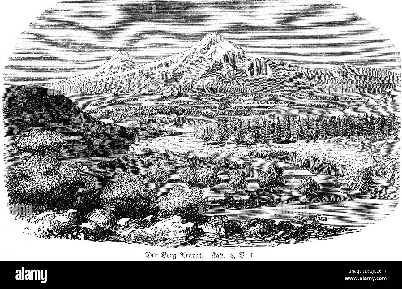 Montagnes d'Ararat, Bible, ancien Testament, Premier Livre de Moïse, Genèse, Chapitre 8, verset 4, Illustration historique 1850 Banque D'Images