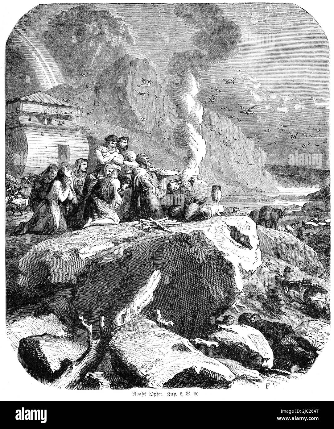 Oblation de Noé, Bible, ancien Testament, Premier Livre de Moïse, Genèse, Chapitre 8, verset 20, Illustration historique 1850 Banque D'Images