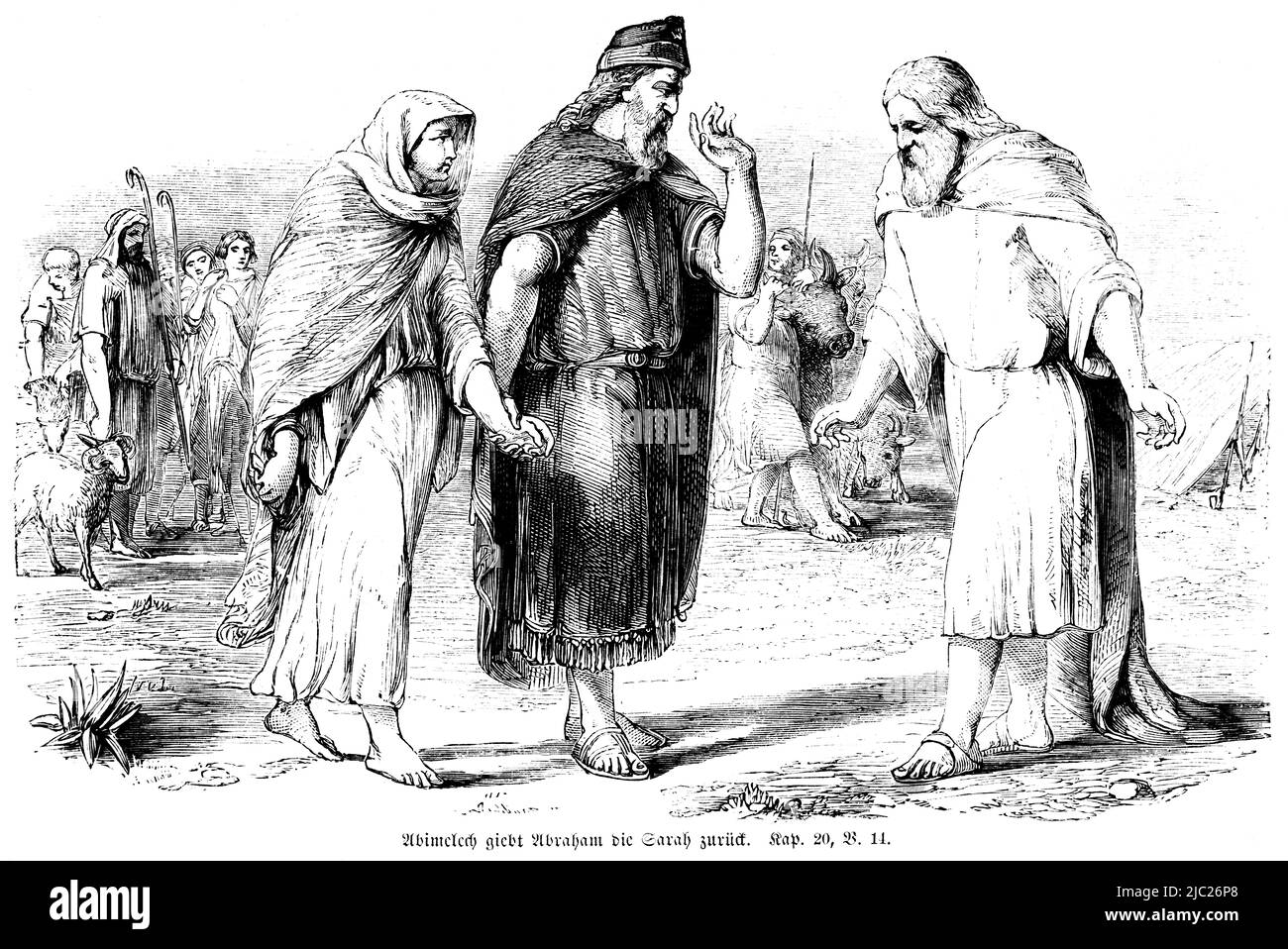 Abimalech retourne Sarah à Abraham, Bible, ancien Testament, Premier Livre de Moïse, Genèse, Chapitre 20, verset 14, Illustration historique 1850 Banque D'Images
