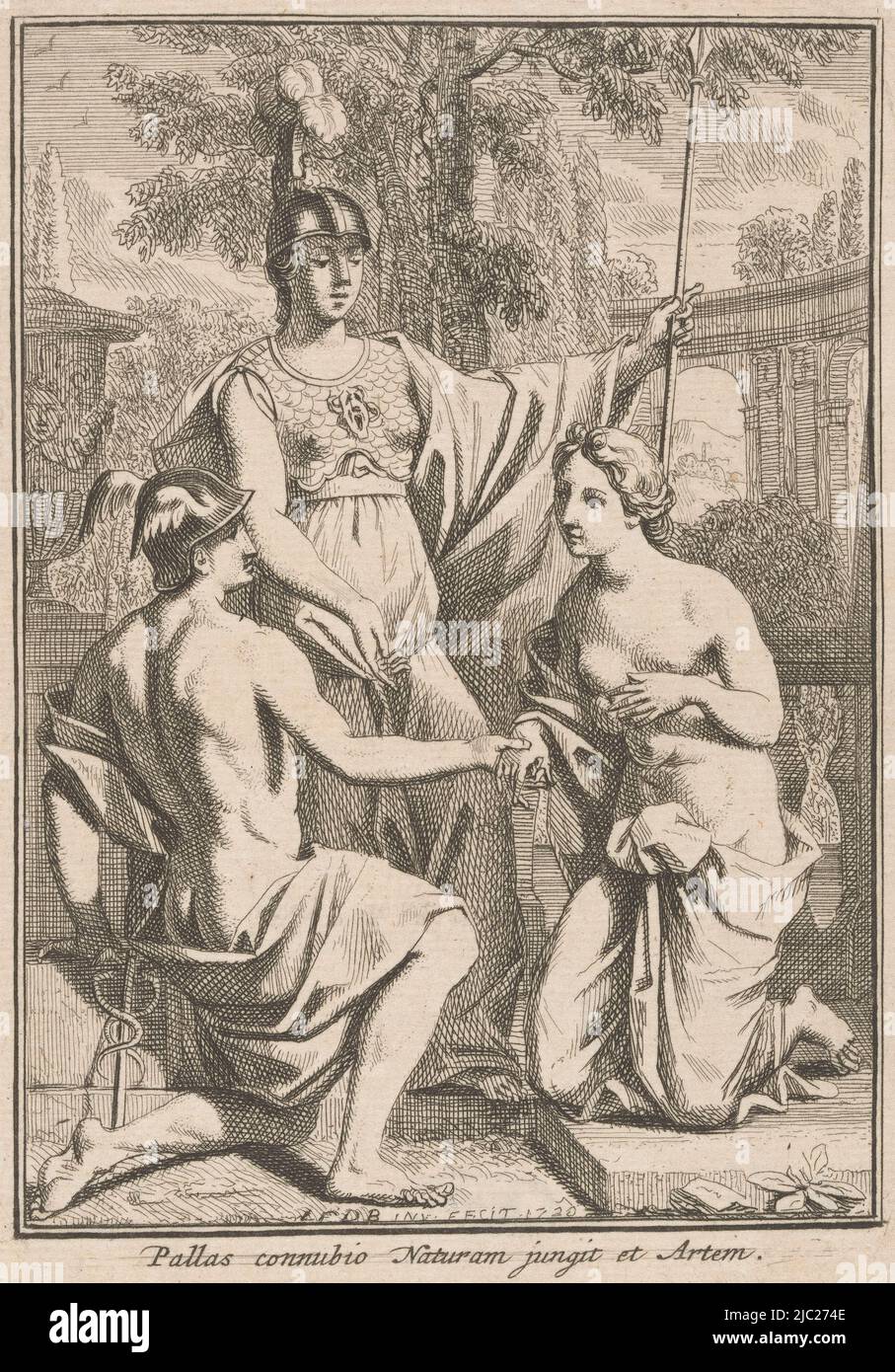 Le Dieu Mercure s'agenouille avant la personnification de la nature et tient sa main. Minerva se tient à côté des deux et fait un geste consentant, Minerva réunit Mercure et la personnification de la nature, imprimeur: Louis Fabritius Dubourg, (mentionné sur l'objet), Louis Fabritius Dubourg, (mentionné sur l'objet), Amsterdam, 1720, papier, gravure, h 160 mm × l 112 mm Banque D'Images