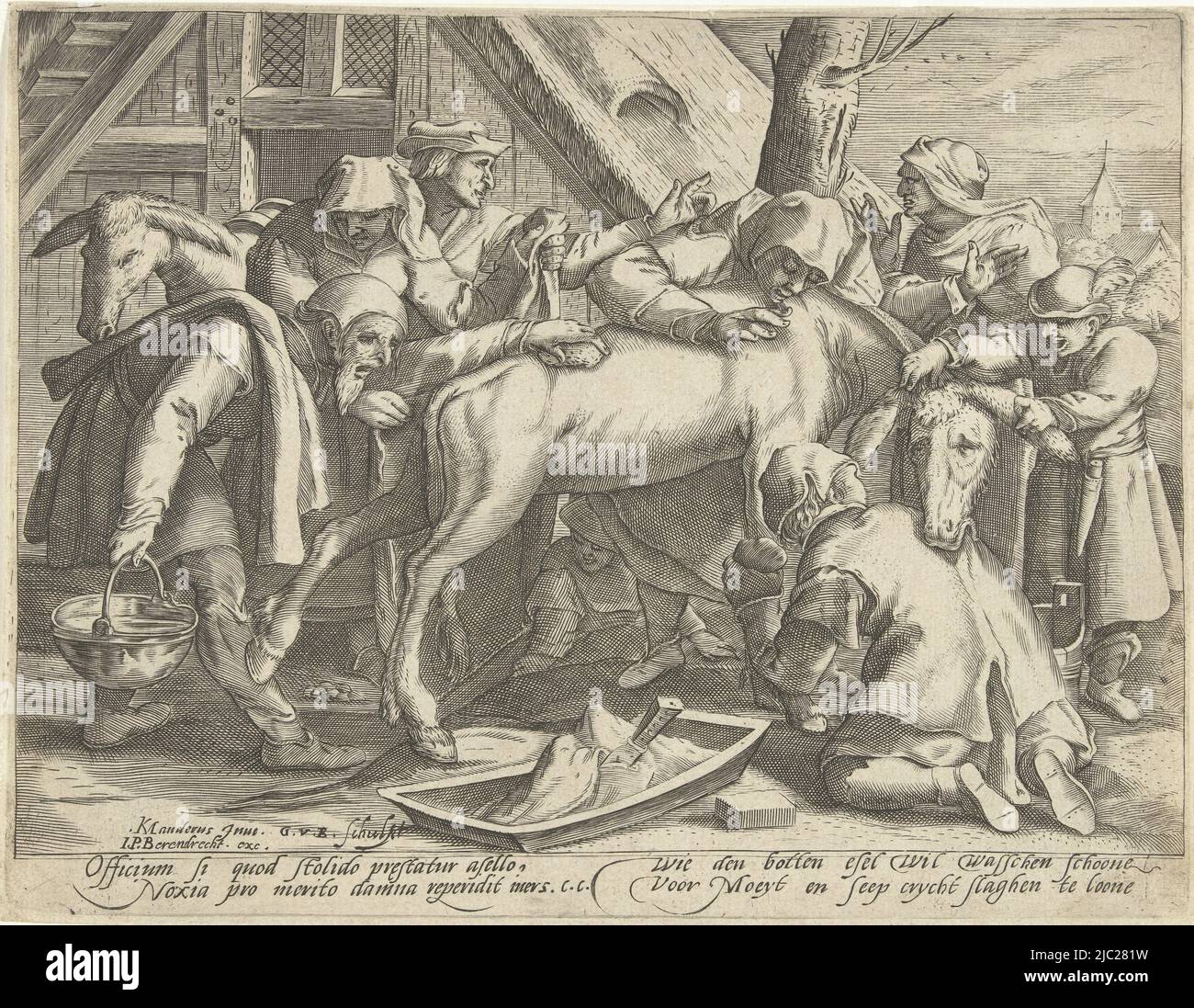 Un groupe d'hommes essaie de laver un âne. Les hommes sont occupés avec des seaux, du savon et des lingettes. Il ne leur est pas aimablement pris. L'âne frappe ses jambes et mord un des hommes dans le dos. Dans la marge inférieure, un verset en latin, signé C.C., et un proverbe néerlandais, Washing the Donkey, imprimeur: Gillis van Breen, (mentionné sur l'objet), Karel van Mander (I), (mentionné sur l'objet), éditeur: Johannes Pietersz. Berendrecht, (mentionné sur l'objet), imprimeur: Pays-Bas, Haarlem, éditeur: Haarlem, 1595 - 1645, papier, gravure, h 150 mm × l 200 mm Banque D'Images