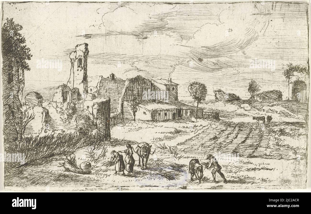 Paysage avec les paysans récolte, imprimeur: Jan van Ossenbeeck, inconnu, 1647 - 1674, papier, gravure, h 70 mm × l 113 mm Banque D'Images