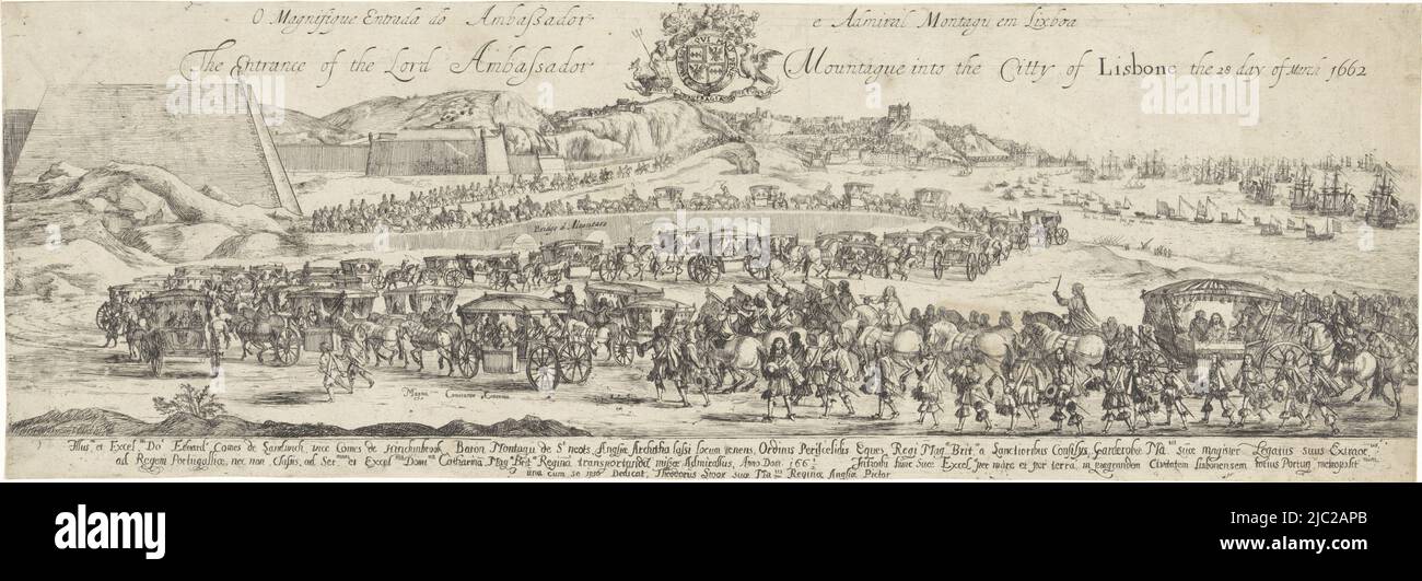 Une longue procession de cavaliers et de calèches traverse un pont vers la ville de Lisbonne. Sur la gauche se trouvent les remparts de la ville. La voiture d'Edward Montagu comme ambassadeur d'Angleterre dans le coin inférieur droit. Au centre au-dessus de son blason. Print fait partie d'une série sur le voyage de Catherine de Braganza du Portugal à Londres, où elle a épousé Charles II d'Angleterre, en 1662, Entrée d'Edward Montagu Comte de Sandwich à Lisbonne O magnifique Entrada do Ambassador e Admiral Montagu em Lixboa / entrée du Seigneur Anambassadrice Mountague dans la cité de Lisbone le 28 jour de mars 1662 (titre sur objet Banque D'Images