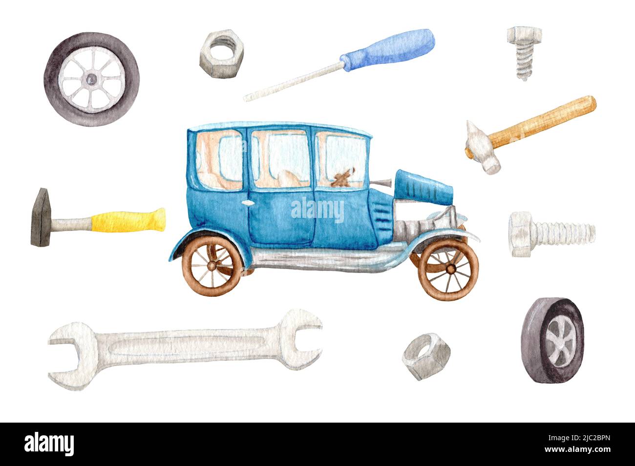 Set aquarelle avec outils à main pour une voiture et une voiture bleue. Marteau, écrou et tournevis. Ensemble d'autocollants aquarelle pour garçons pour enfants Banque D'Images