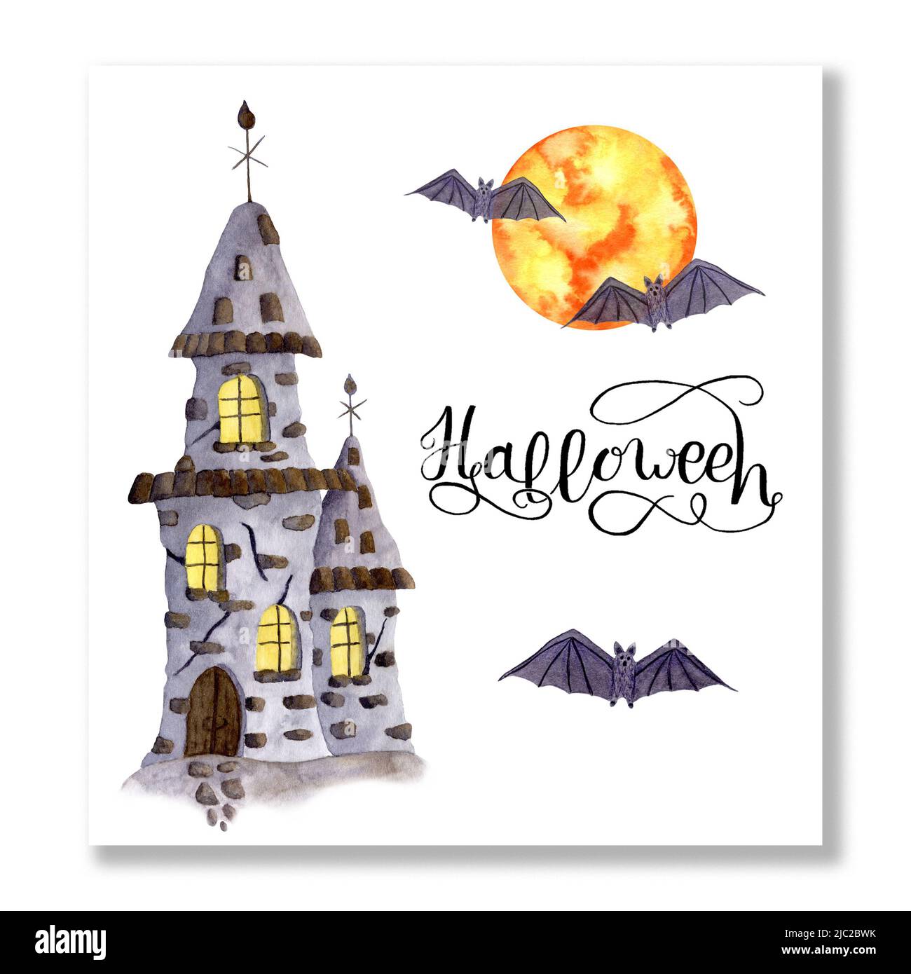 Carte d'Halloween carrée aquarelle avec un vieux château et des fenêtres lumineuses, avec une grande lune rouge et des chauves-souris volantes. Lettrage Halloween Party. Banque D'Images