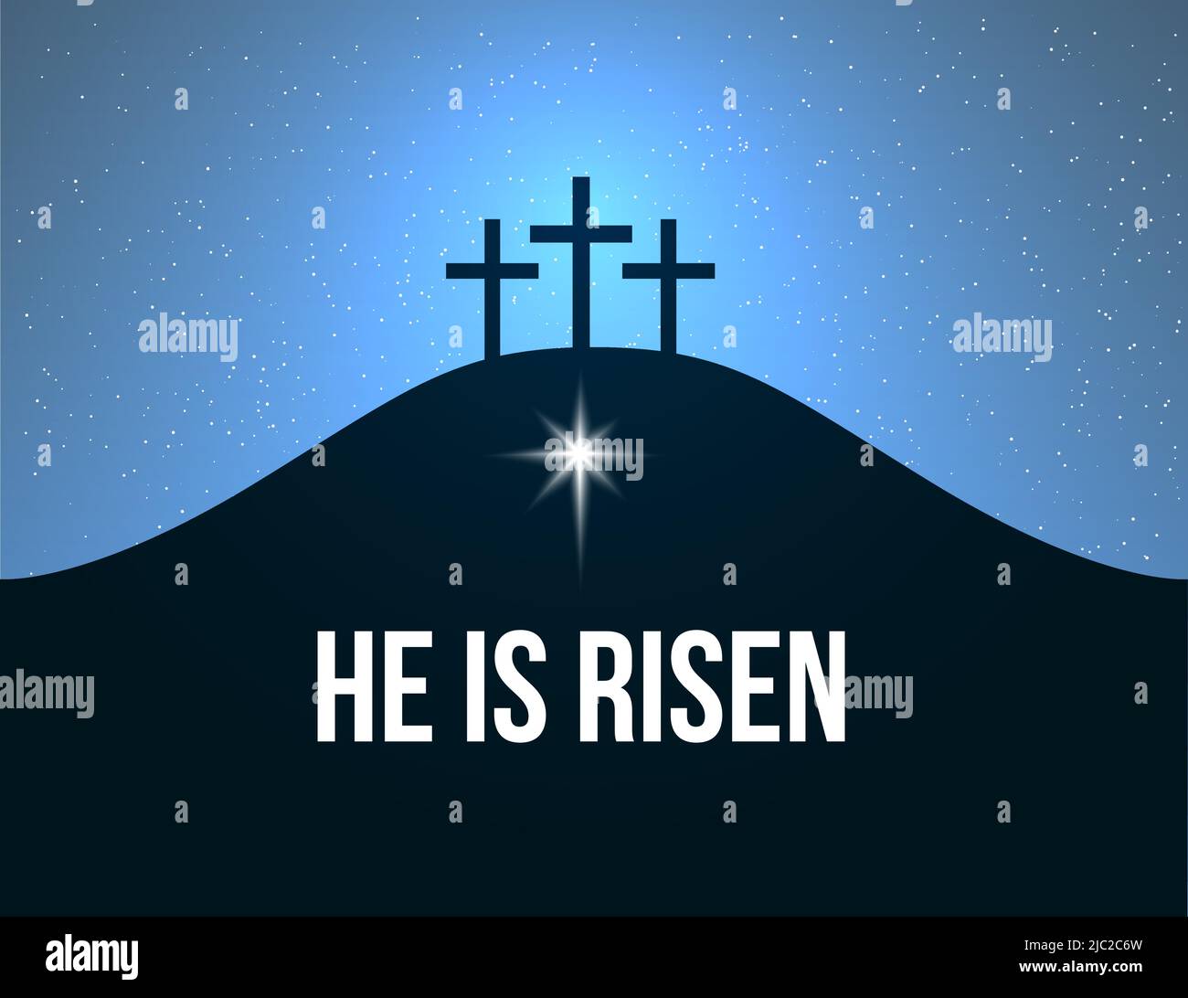 Concept du dimanche de Pâques. Il est ressuscité. Ciel étoilé, étoile lumineuse et croix sur la colline. Symbole religieux de la résurrection de Jésus-Christ Illustration de Vecteur