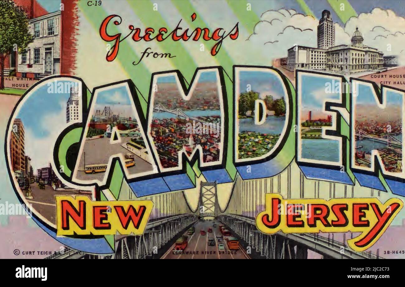 Salutations de Camden, carte postale du New Jersey, vers 1943 Banque D'Images