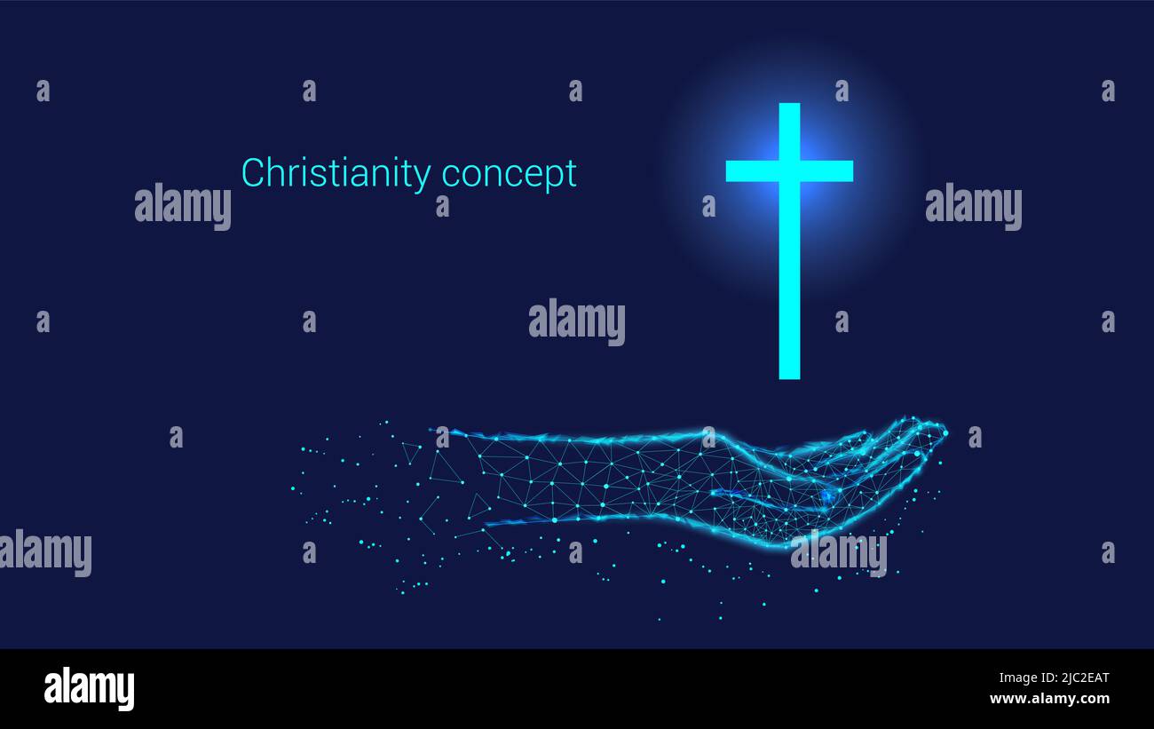 Christianisme, concept de noël ou de pâques. Croix lumineuse dans la main polygonale sur fond bleu foncé. Illustration de Vecteur