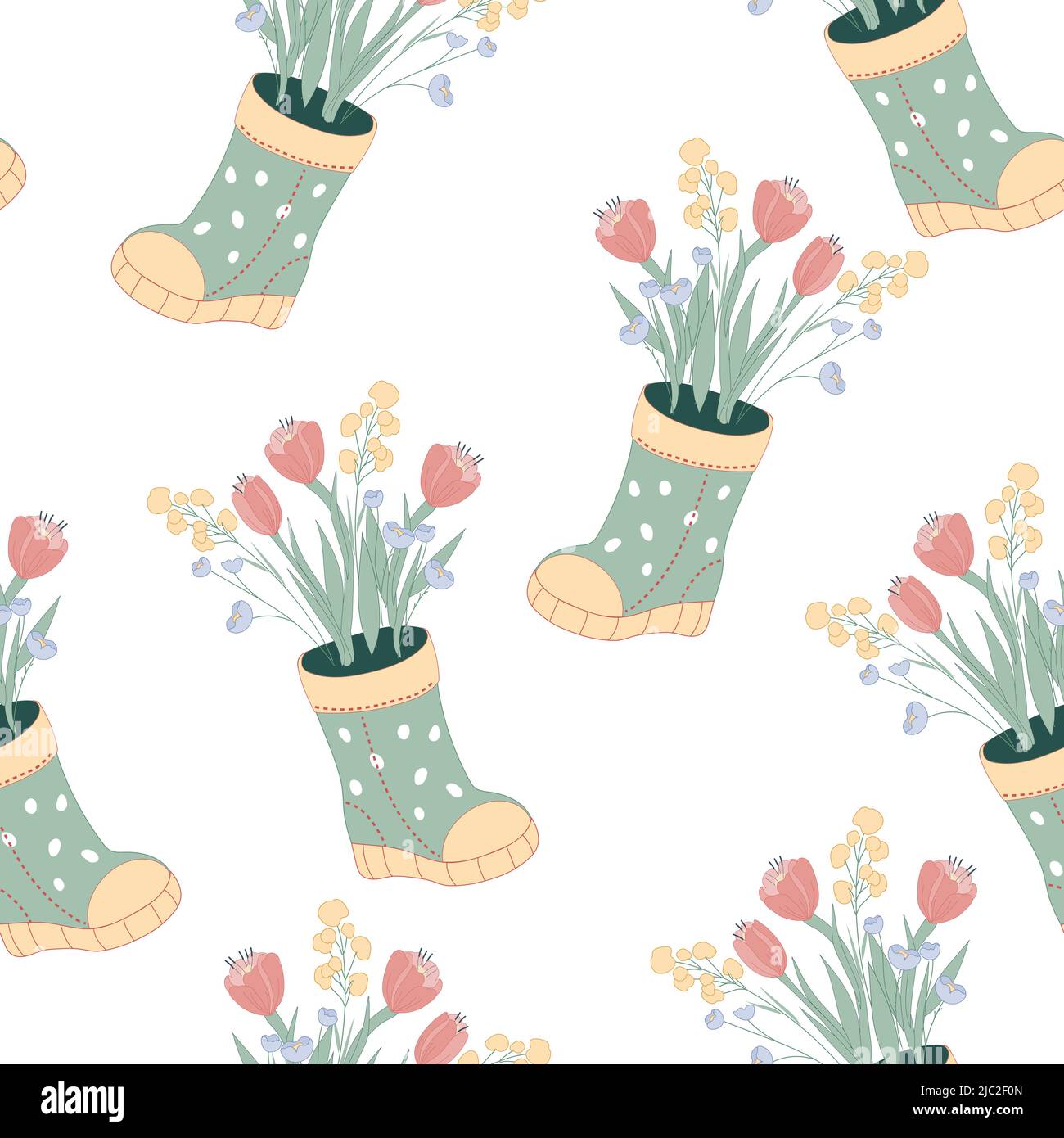 Motif sans couture avec bottes et fleurs, illustration vectorielle dessinée à la main isolée sur fond blanc. Motif décoratif sans fin pour l'été Illustration de Vecteur