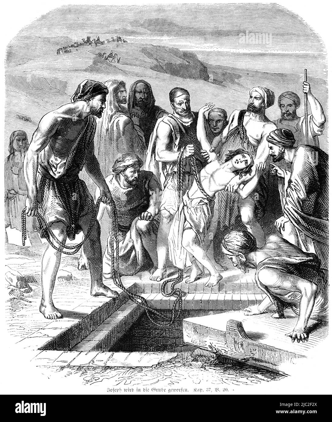 Joseph est jeté dans une fosse, Bible, ancien Testament, Premier Livre de Moïse, Genèse, Chapitre 37, verset 20, Illustration historique 1850 Banque D'Images