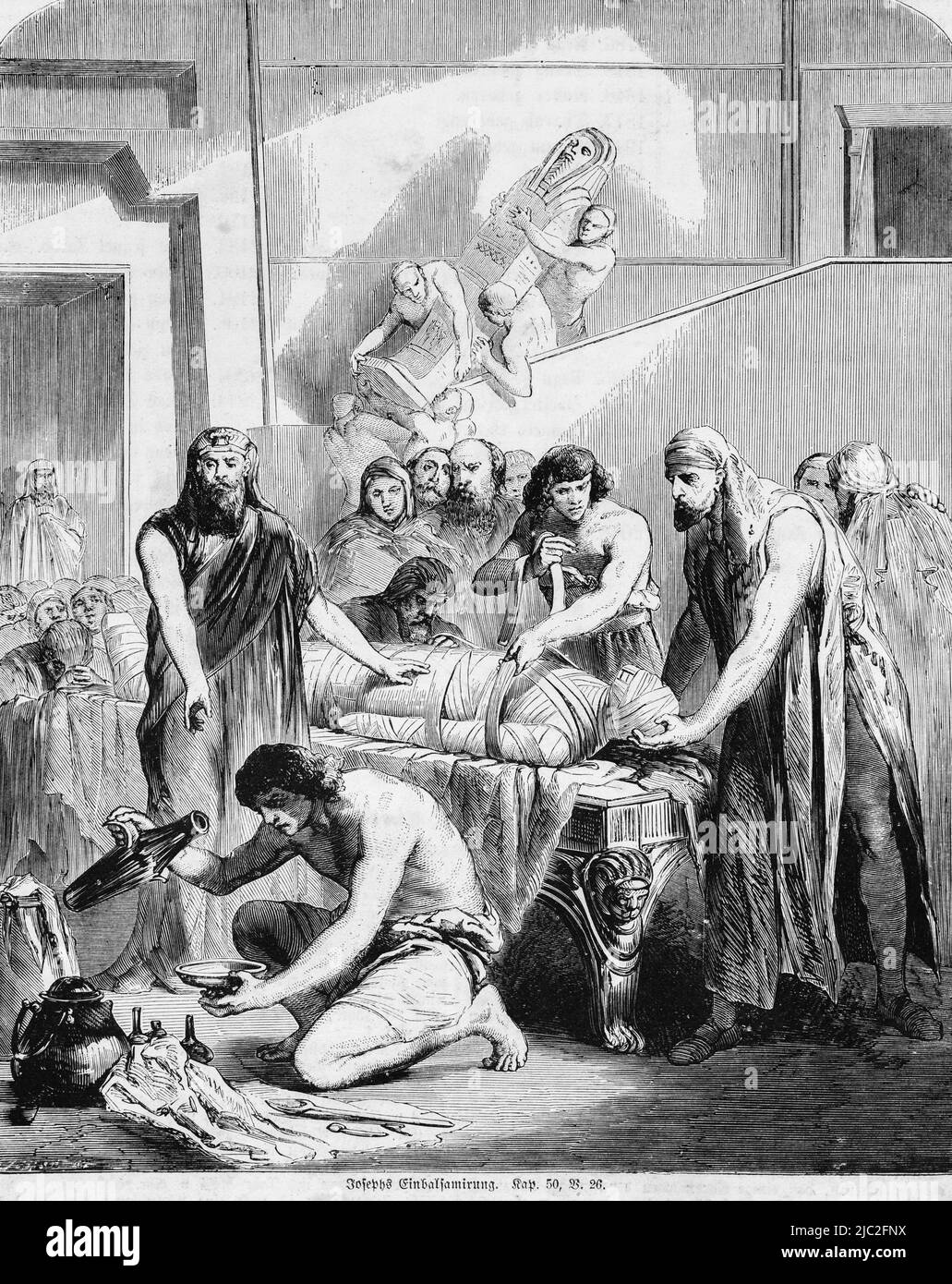 Embaumement Joseph, Bible, ancien Testament, Premier Livre de Moïse, Genèse, Chapitre 50, verset 26, Illustration historique 1850 Banque D'Images