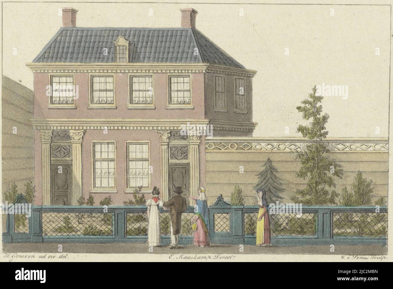 Vue sur une maison Zaanish. En bas à droite : PL. 8., vue d'une maison de Zaanse Une image d'une maison de Hollande du Nord à Zaandam/ Habitation villageoise de la Nordhollande (titre sur objet), imprimeur: Willem van Senus, (mentionné sur objet), dessinateur intermédiaire: Hendrik Greeven, (mentionné sur objet), éditeur: Evert Maaskamp, (mentionné sur objet), Amsterdam, 1824, papier, gravure, h 131 mm × l 174 mm Banque D'Images