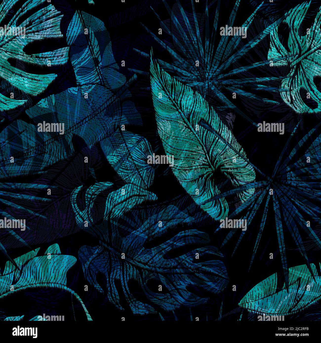 Nuit tropicale feuilles sans couture motif sur fond noir. Feuillage jungle vintage avec style gravure. Forêt tropicale abstraite. Texture exotique pour l'impression, Banque D'Images