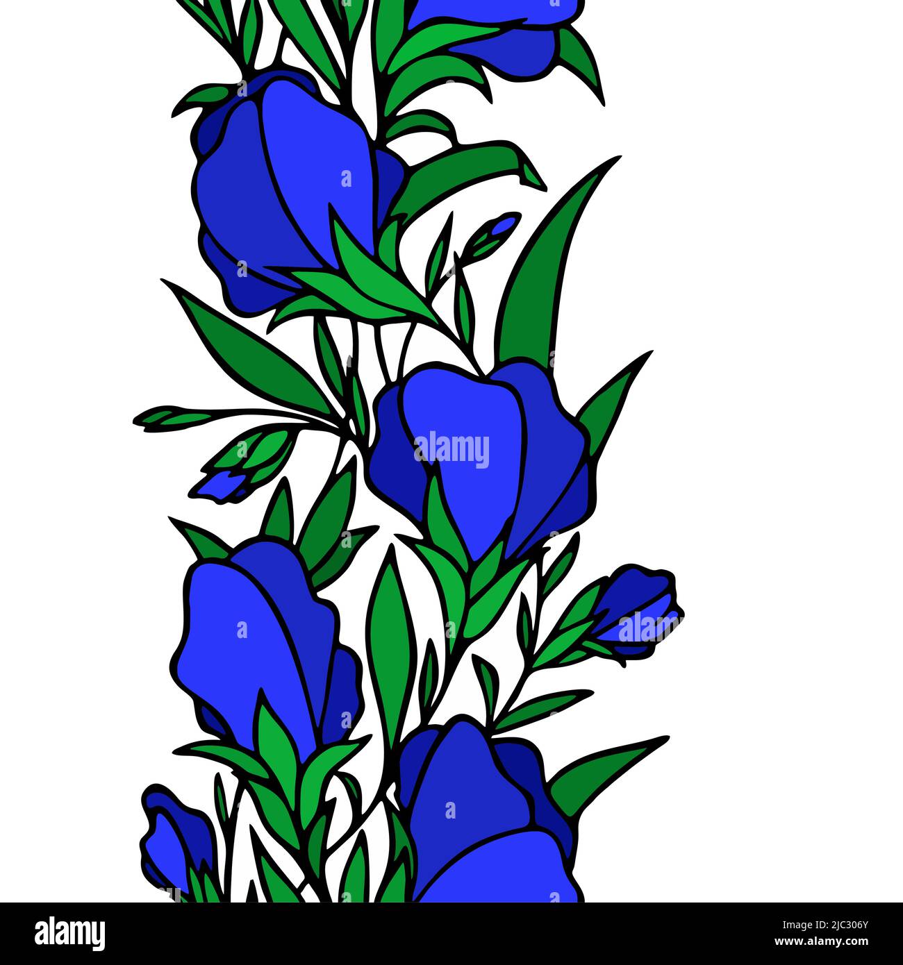 bordure sans couture florale, fleurs bleues, bordures répétées sur fond blanc avec contour noir, textile, design, art, graphique Illustration de Vecteur