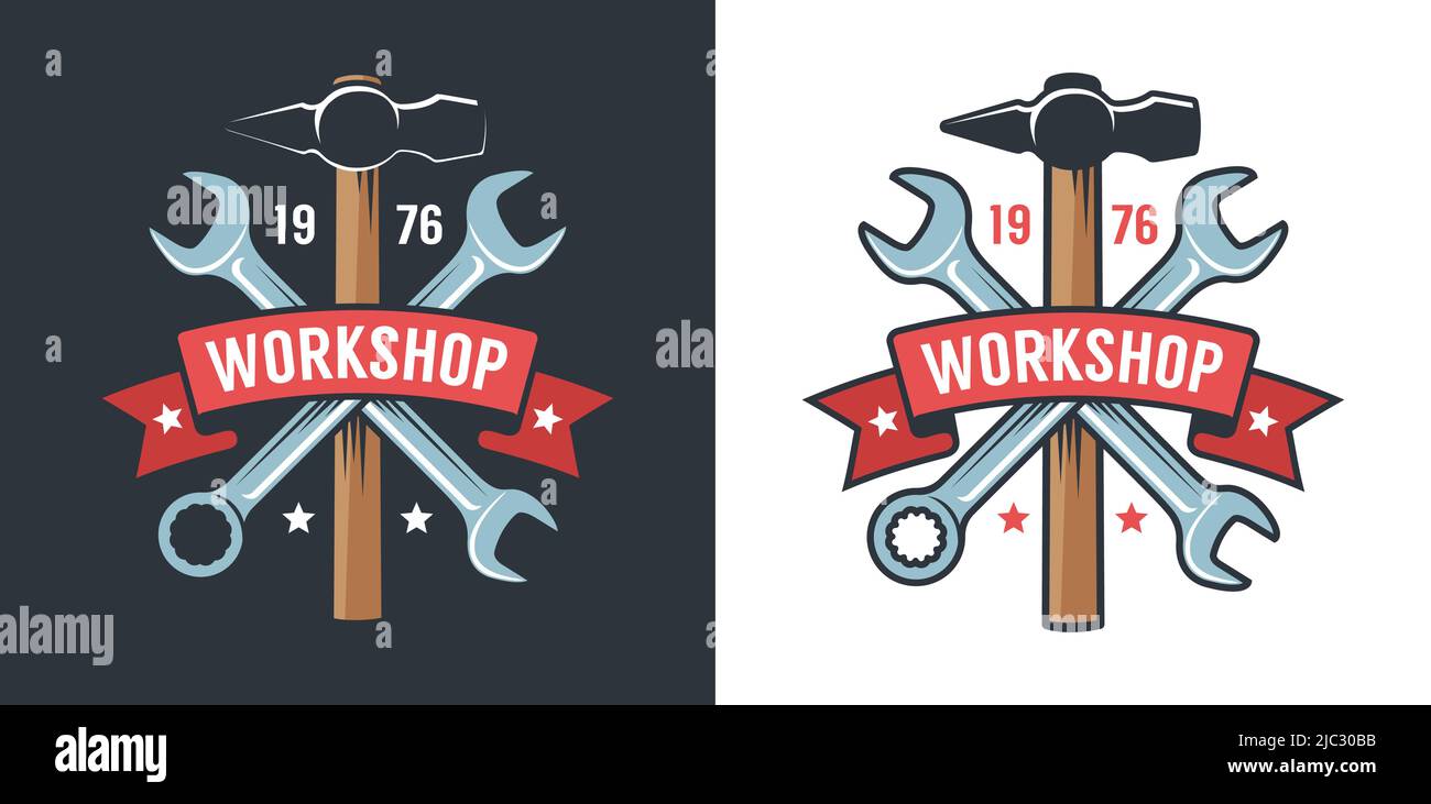 Badge rétro d'atelier avec clé, marteau et ruban Illustration de Vecteur