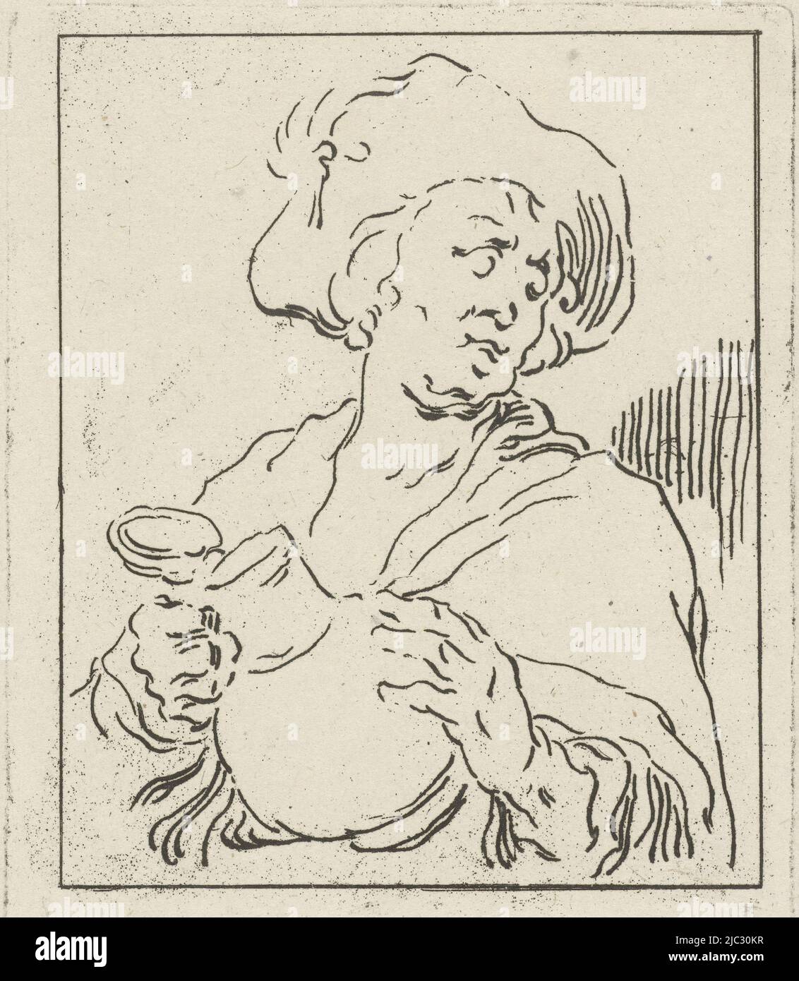 Figure, demi-figure, avec chapeau à plumes sur la tête et pichet à bière dans les deux mains., homme avec pichet le buveur, imprimeur: Hermanus Fock, dessinateur intermédiaire: Abraham Bloemaert, imprimeur: Amsterdam, dessinateur intermédiaire: Pays-Bas, 1781 - 1822, papier, gravure, h 128 mm × l 100 mm Banque D'Images