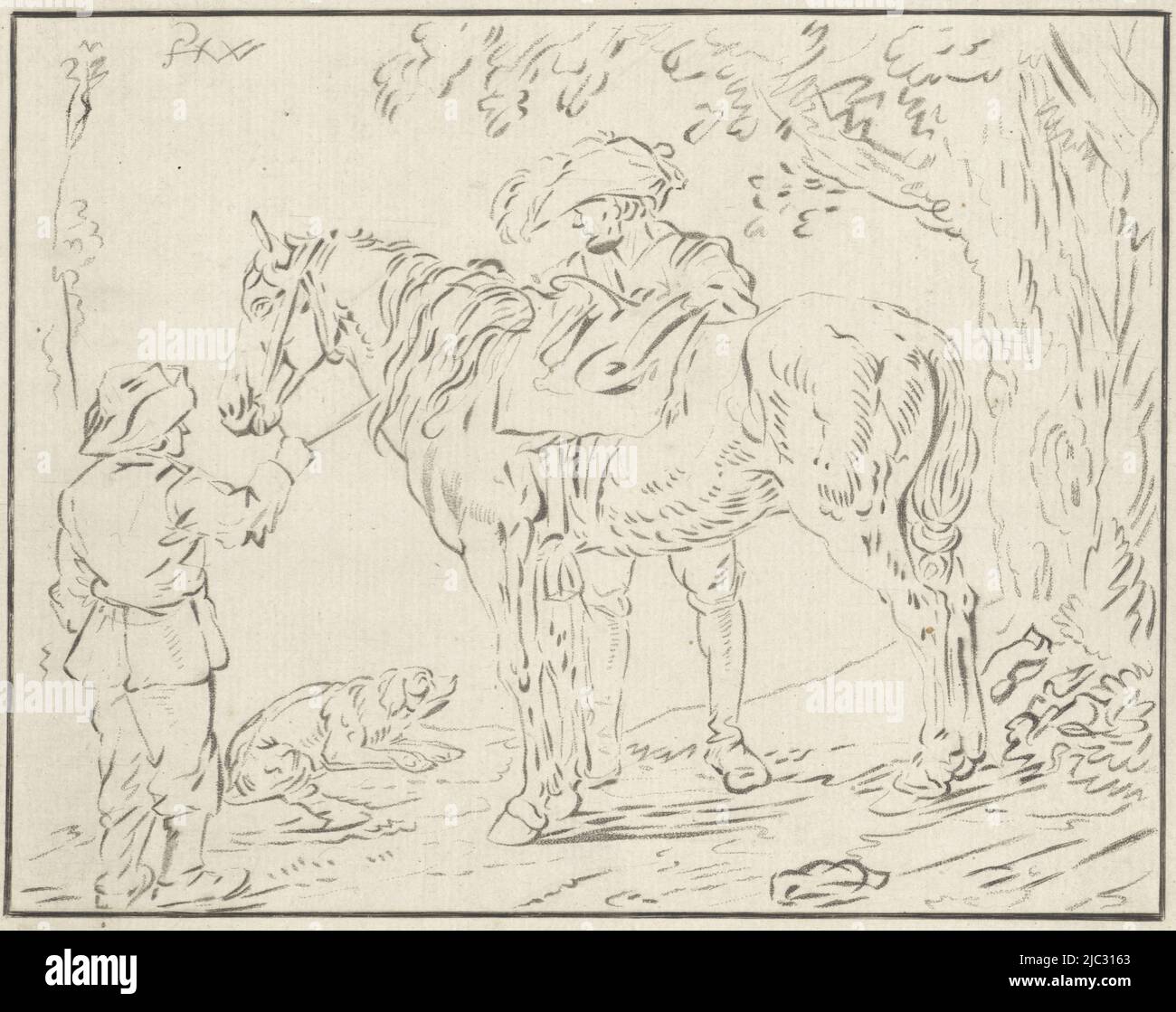 Un homme tient un cheval par la rétrein, tandis qu'un autre homme le porte. Près d'eux un chien, deux hommes près d'un cheval, imprimeur: Bernhard Schreuder, dessinateur intermédiaire: Philips Wouwerman, (mentionné sur l'objet), pays-Bas, 1767 - 1780, papier, h 158 mm × l 197 mm Banque D'Images