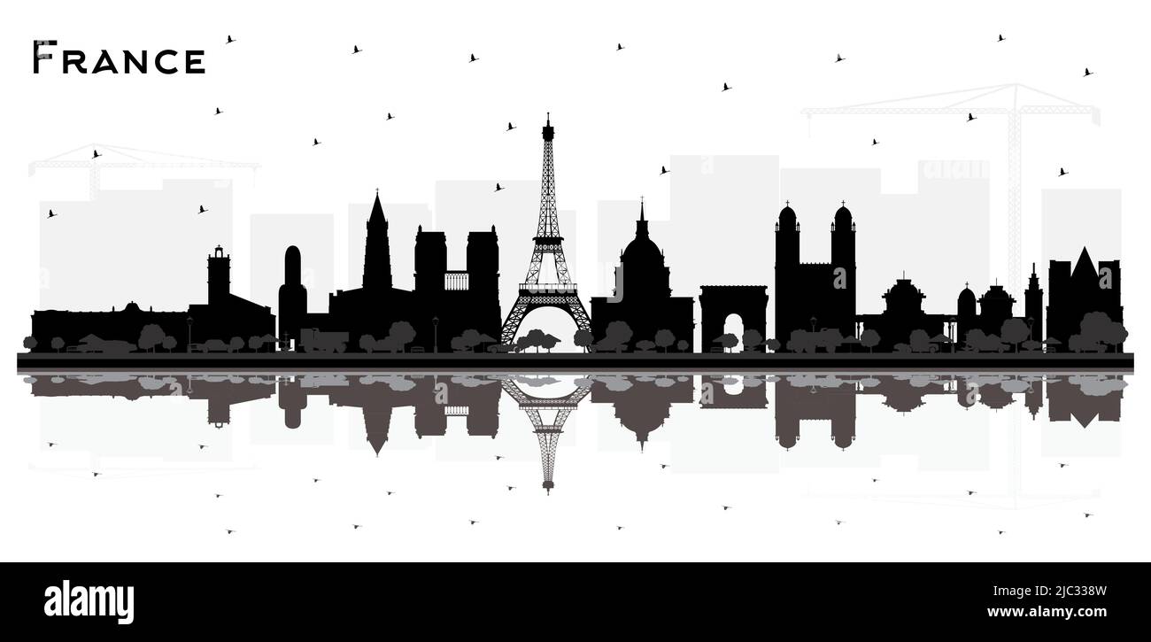 France silhouette de ciel avec bâtiments noirs et réflexions isolées sur blanc. Illustration vectorielle. Architecture historique. France CityScape. Illustration de Vecteur