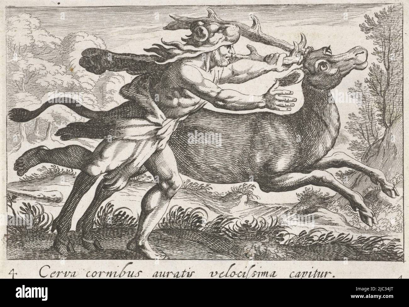 Hercules capture le doe de Cerynea CERVA cornibus auratis velopissima capitur (titre sur objet) thèmes herculéens (titre de la série), imprimeur: Simon Frison, Antonio Tempesta, imprimeur: Nord des pays-Bas, Italie, 1610 - 1664, papier, gravure, h 98 mm × l 140 mm Banque D'Images