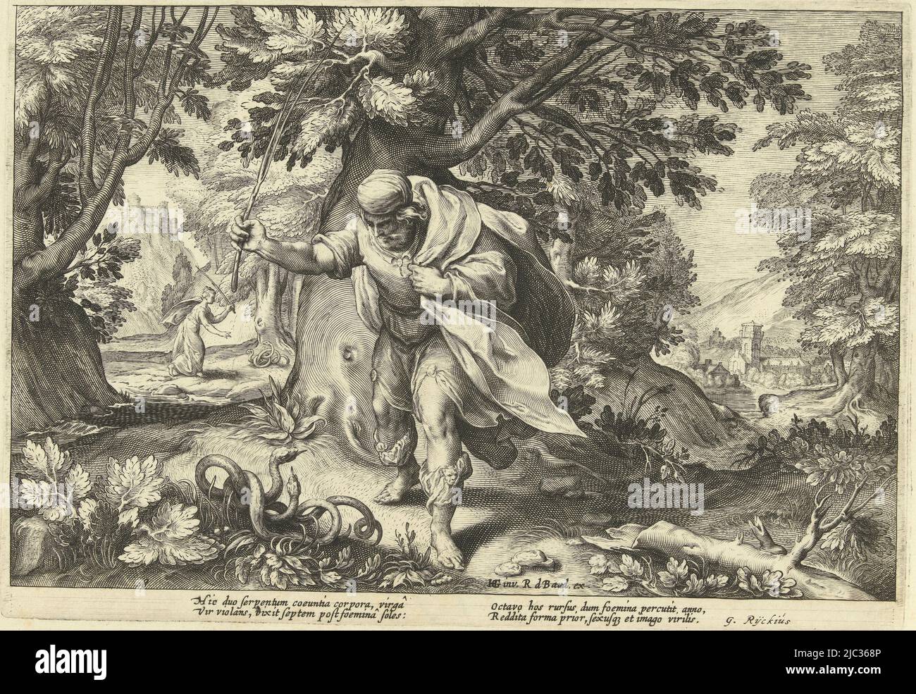 Teiresias a heurté deux serpents dans une forêt. Il est alors devenu une femme. Sept ans plus tard, il est redevenu un homme, après avoir de nouveau frappé deux serpents appariés, cela peut être vu dans l'arrière-plan à gauche. Au-dessous de la représentation, deux fois deux lignes de texte latin. Cet imprimé fait partie d'une série de 52 reproductions représentant des histoires des métamorphies d'Ovid. Cette série est divisée en trois séries numérotées : deux de 20 tirages et une de 12 tirages. Cet imprimé fait partie de la troisième série, Teiresias frappe deux serpents apparieurs Metamorphoses d'Ovid (titre de la série), imprimeur: Hendrick Goltzius, (atelier de Banque D'Images