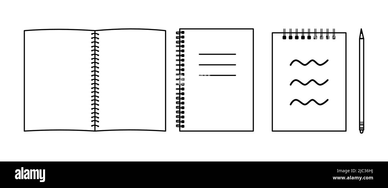 Jeu d'icônes et de crayons minimalistes pour ordinateur portable. Fournitures de retour à l'école. Éléments fixes pour la journalisation, le journal à puces Illustration de Vecteur