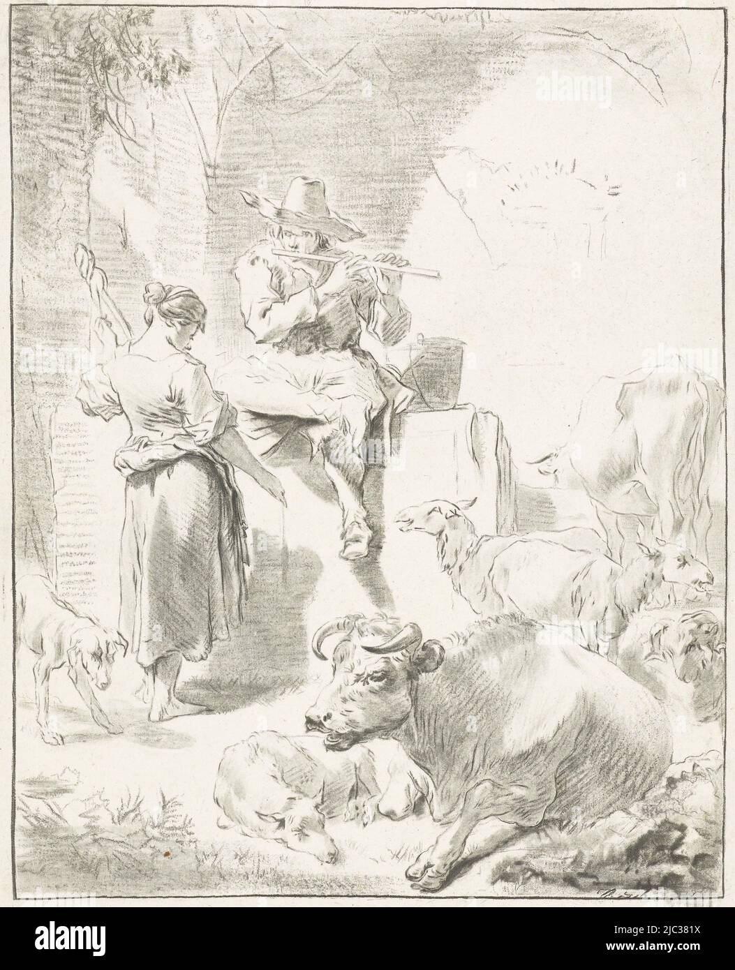Un berger est assis sur un rocher et joue la flûte. À côté de lui est une purince de bergers. Les chèvres et les vaches se trouvent autour de la paire. Au-dessous de l'impression, un dessin au crayon d'un homme portant un chapeau, Flûte à jouer au berger et à la filature, dessinateur: Jurriaan Cootwijck, dessinateur intermédiaire: Nicolaes Pietersz. Berchem, Amsterdam, 1724 - 1798, papier, L 212 mm × h 296 mm Banque D'Images