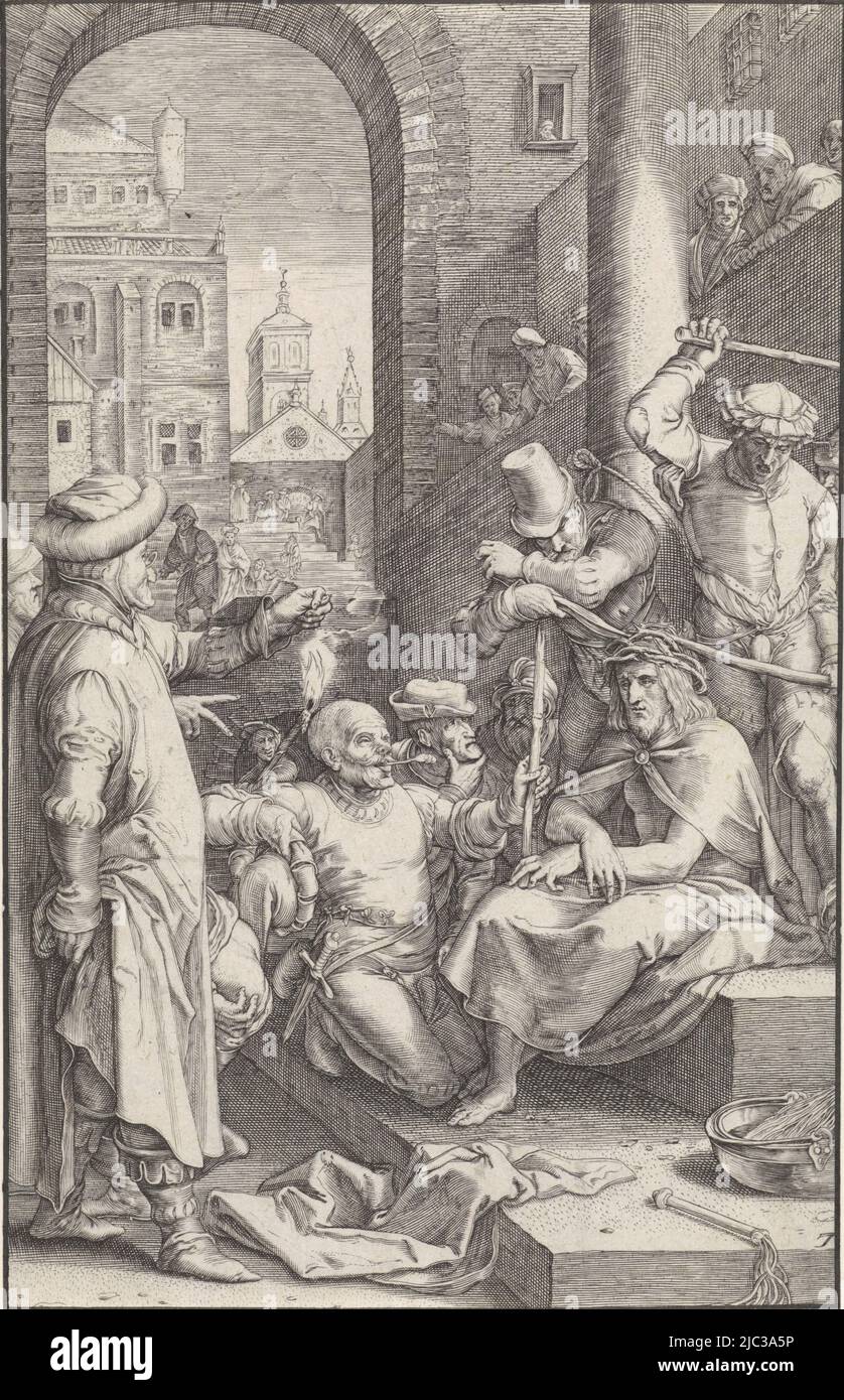 Les hommes ont poussé une couronne d'épines sur la tête du Christ. Un homme s'agenouille devant lui et lui donne un roseau comme personnel., Couronne de Thorns la passion (titre de la série), Ludovicus Siceram, imprimeur: Lucas Vorsterman (I), (attribution rejetée), Hendrick Goltzius, Anvers, 1623, papier, gravure, h 194 mm × l 125 mm Banque D'Images