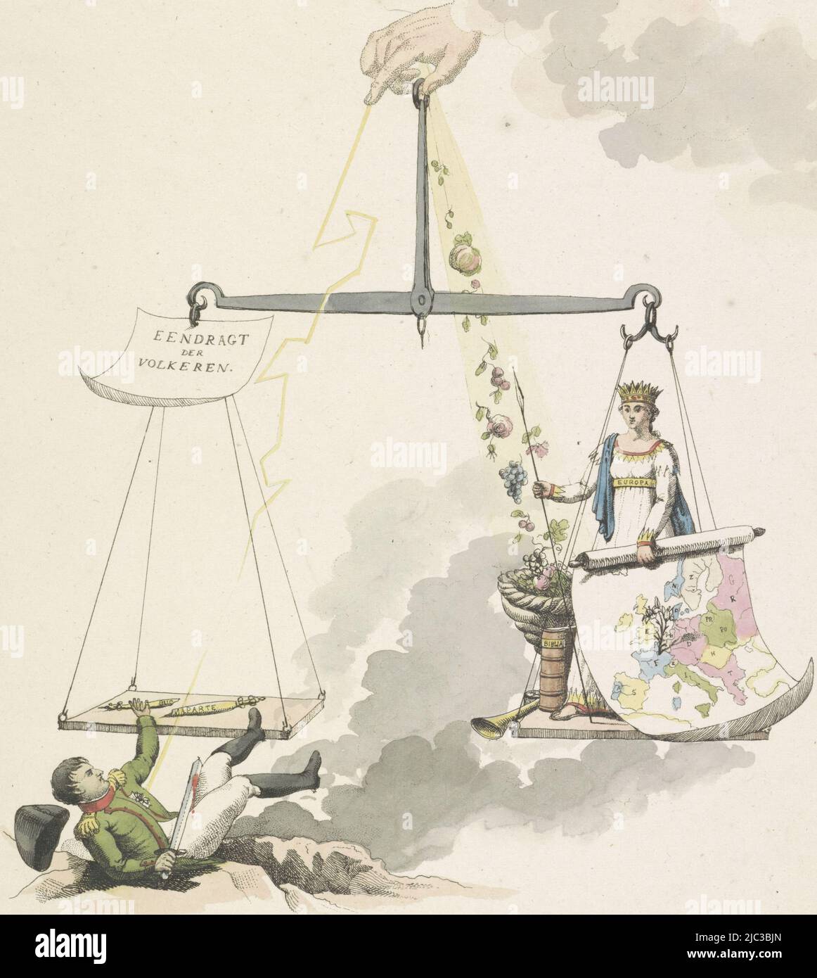 Caricature sur la chute de Napoléon en 1814. L'empereur, frappé par un éclair, tombe de l'échelle marquée "unité des nations" et tenue par la main de Dieu dans les nuages. À l'autre échelle est l'Europe avec une carte de l'Europe en main, une Bible et une corne d'abondance remplie par Dieu de fleurs et de fruits. Une fleur est insérée dans la carte de Paris, faisant référence à la paix de Paris de 30 mai 1814., Balance de l'Europe, 1814, Imprimeur: Derk Anthony van de Wart, (mentionné sur l'objet), Derk Anthony van de Wart, (mentionné sur l'objet), pays-Bas, 1814, papier, gravure, h 229 mm × l 205 mm Banque D'Images