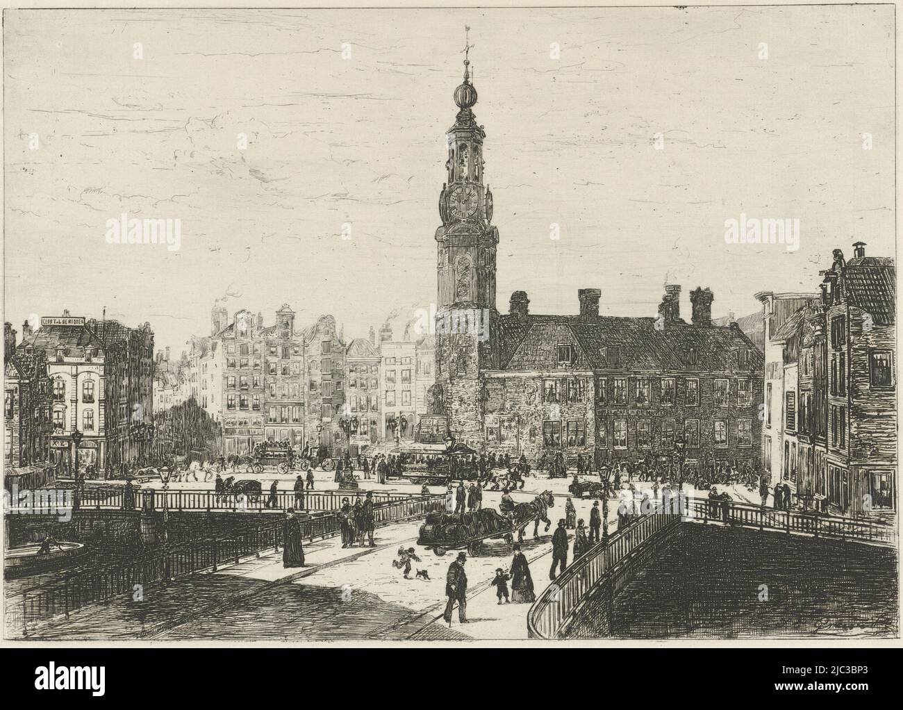 Vue de la place Muntplein d'Amsterdam avec la monnaie au milieu, vue de la place Muntplein d'Amsterdam, imprimeur: Johan Conrad Greive, (mentionné sur l'objet), Amsterdam, 1847 - 1891, papier, gravure, l 296 mm × h 197 mm Banque D'Images