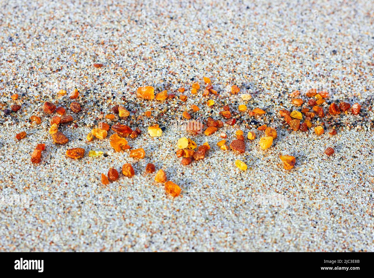 Ambre dans le sable. Ambre sur le bord de mer. Pierre de soleil Banque D'Images