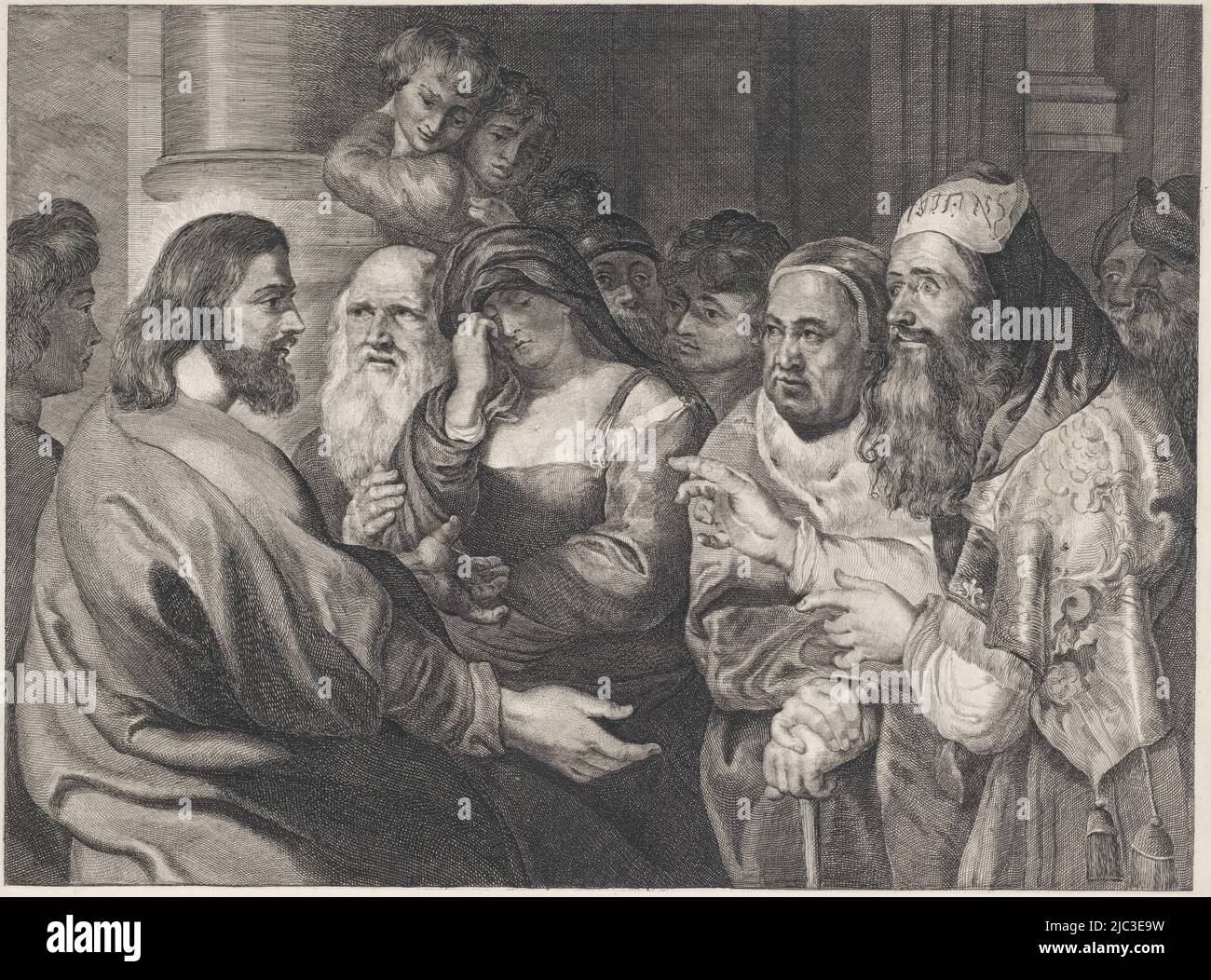 Dans le temple, les Pharisiens mènent une femme accusée d'adultère au Christ. La femme, avec une épaule osée, se chauve les yeux et essuie une déchirure. Derrière le Christ se trouve l'apôtre Jean. Au-dessous de l'impression un dévouement à un canon d'Anvers et ses armoiries., Christ et l'Adultére, imprimeur: Elisabeth Marie Simons, après: Peter Paul Rubens, Bruxelles, en ou avant 1784, papier, gravure, gravure, h 375 mm × l 446 mm Banque D'Images