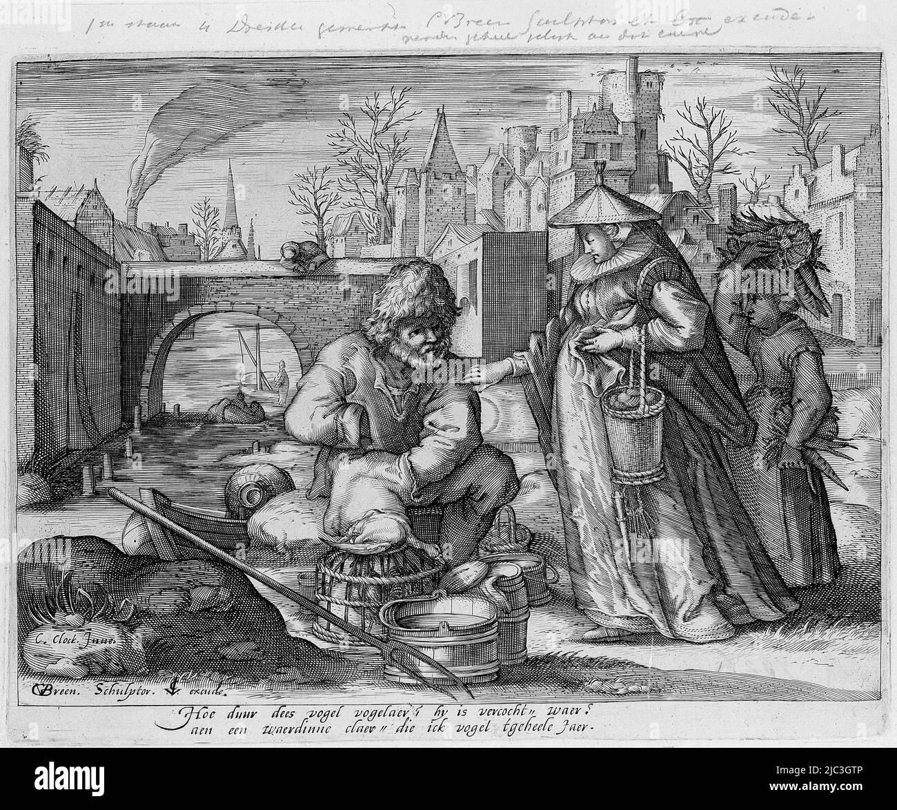 Une femme, portant un panier d'oeufs sur son bras, s'approche d'un oiseau vendeur avec sa femme de ménage. La femme de ménage porte des légumes sous son bras sur sa tête. Devant le vendeur d'oiseaux il y a un panier de plus avec un coq sur le sol, sur lui est un canard mort. La femme veut acheter les oiseaux mais ils ont déjà été vendus à un client régulier. C'est évident de la légende qui forme un échange entre dame et marchand: "Combien cher dees vogel vogelaer? hy est-il le « serveur » de vercocht ? aen een waerdinne Clear' die ick vogel tgehe Jaer.' L'ambiguïté se trouve dans la forme verbale 'oiseau': 'Die ick vogel Banque D'Images