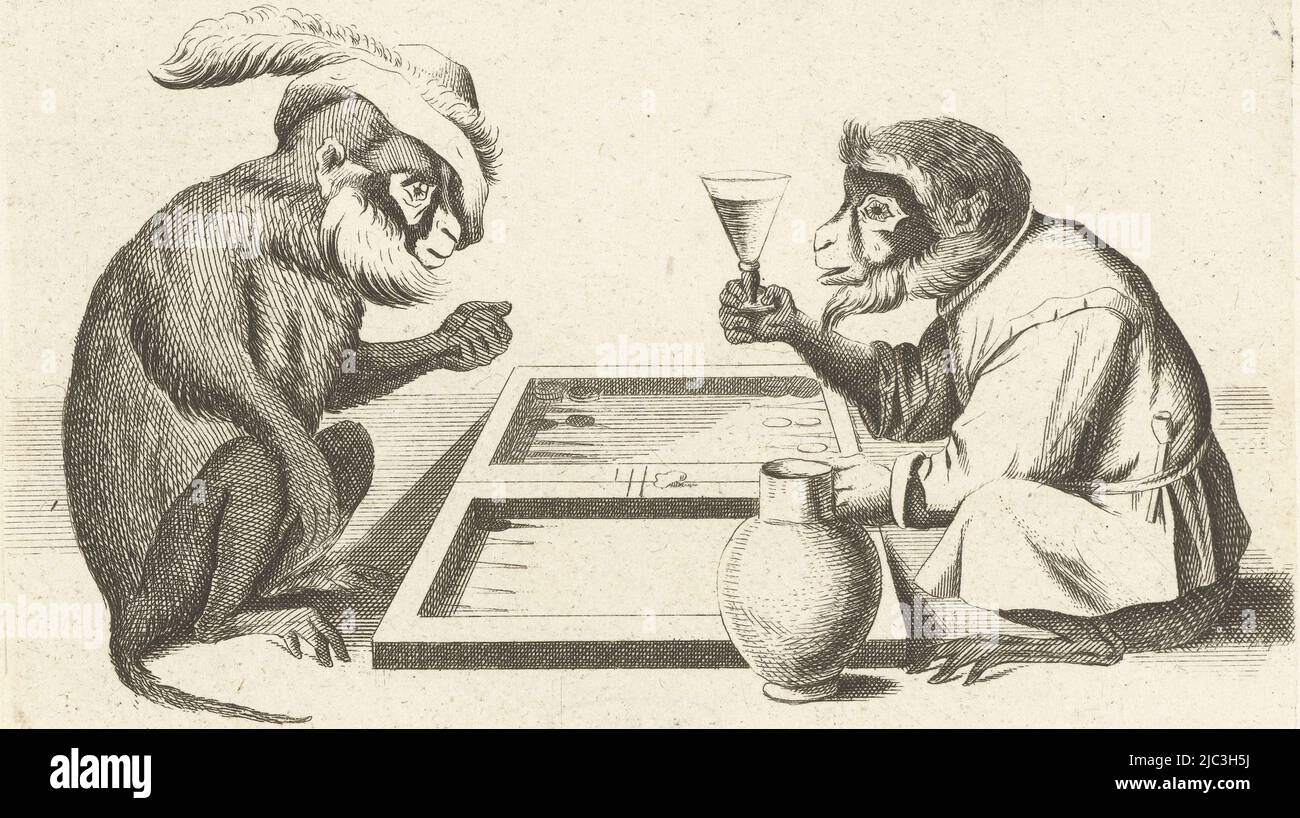Deux singes sont assis sur le sol à côté d'un jeu de triktraks. L'un sur la  gauche porte un chapeau coked, l'autre boit du vin d'un verre. Imprimé à  partir d'une série